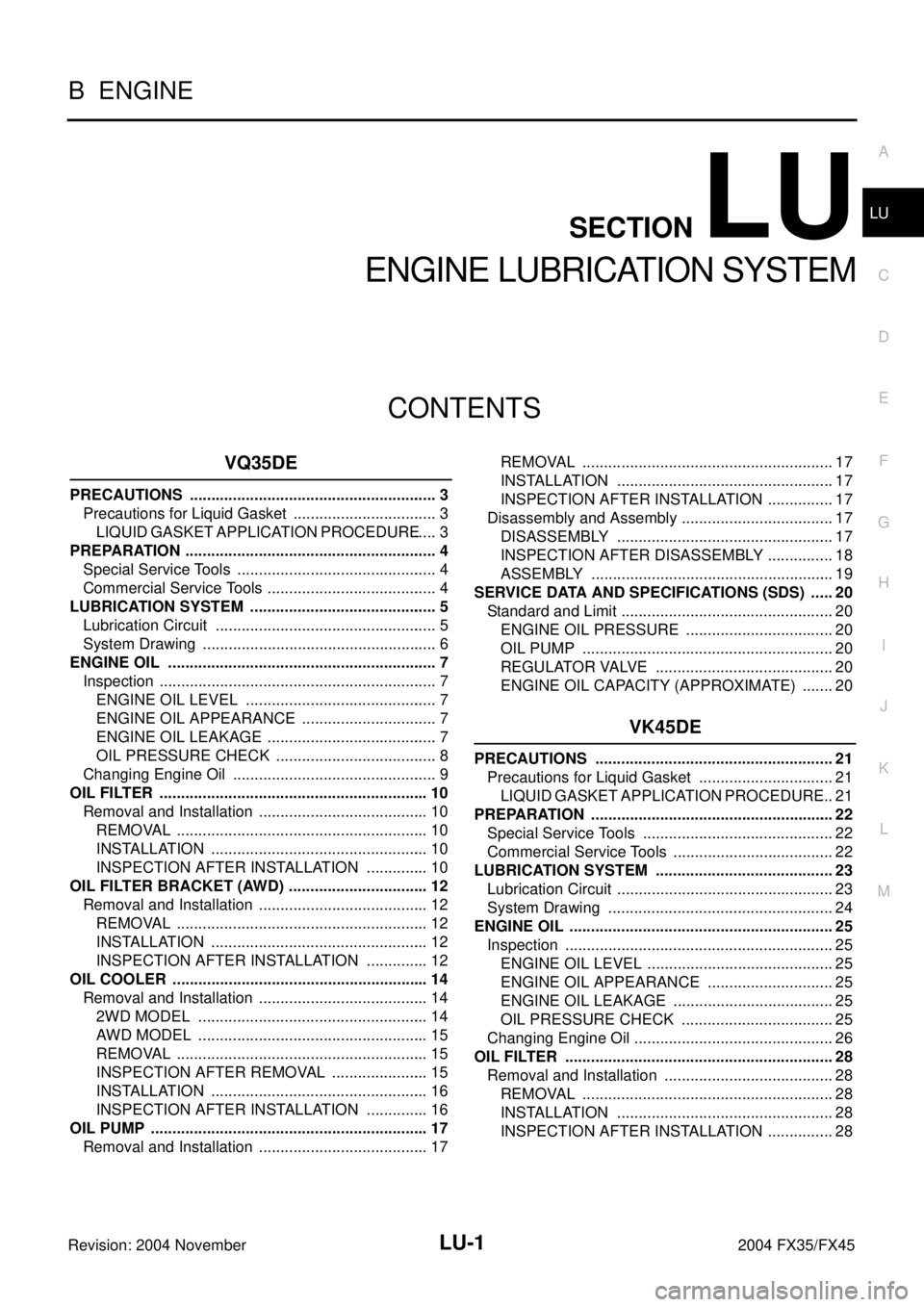INFINITI FX35 2004  Service Manual LU-1
ENGINE LUBRICATION SYSTEM
B  ENGINE
CONTENTS
C
D
E
F
G
H
I
J
K
L
M
SECTION LU
A
LU
Revision: 2004 November 2004 FX35/FX45
ENGINE LUBRICATION SYSTEM
VQ35DE
PRECAUTIONS ............................