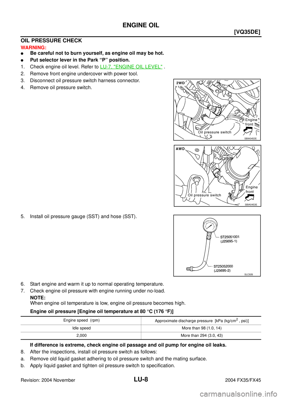 INFINITI FX35 2004  Service Manual LU-8
[VQ35DE]
ENGINE OIL
Revision: 2004 November 2004 FX35/FX45
OIL PRESSURE CHECK
WARNING:
Be careful not to burn yourself, as engine oil may be hot.
Put selector lever in the Park “P” position