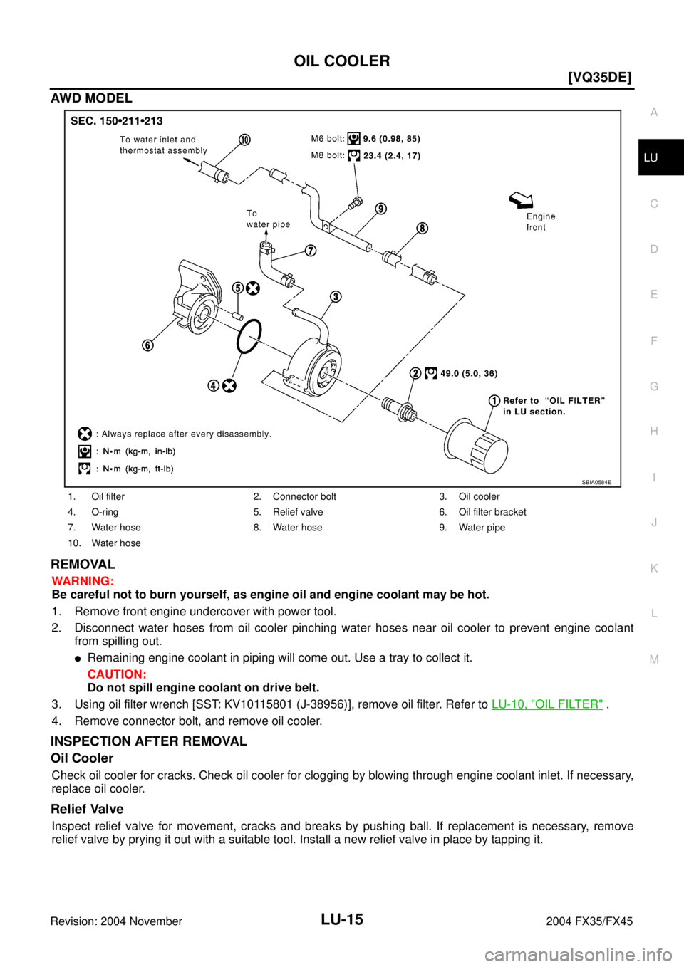 INFINITI FX35 2004  Service Manual OIL COOLER
LU-15
[VQ35DE]
C
D
E
F
G
H
I
J
K
L
MA
LU
Revision: 2004 November 2004 FX35/FX45
AWD MODEL
REMOVAL
WARNING:
Be careful not to burn yourself, as engine oil and engine coolant may be hot.
1. R