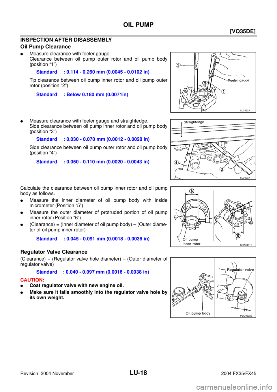 INFINITI FX35 2004  Service Manual LU-18
[VQ35DE]
OIL PUMP
Revision: 2004 November 2004 FX35/FX45
INSPECTION AFTER DISASSEMBLY
Oil Pump Clearance
Measure clearance with feeler gauge.
Clearance between oil pump outer rotor and oil pump