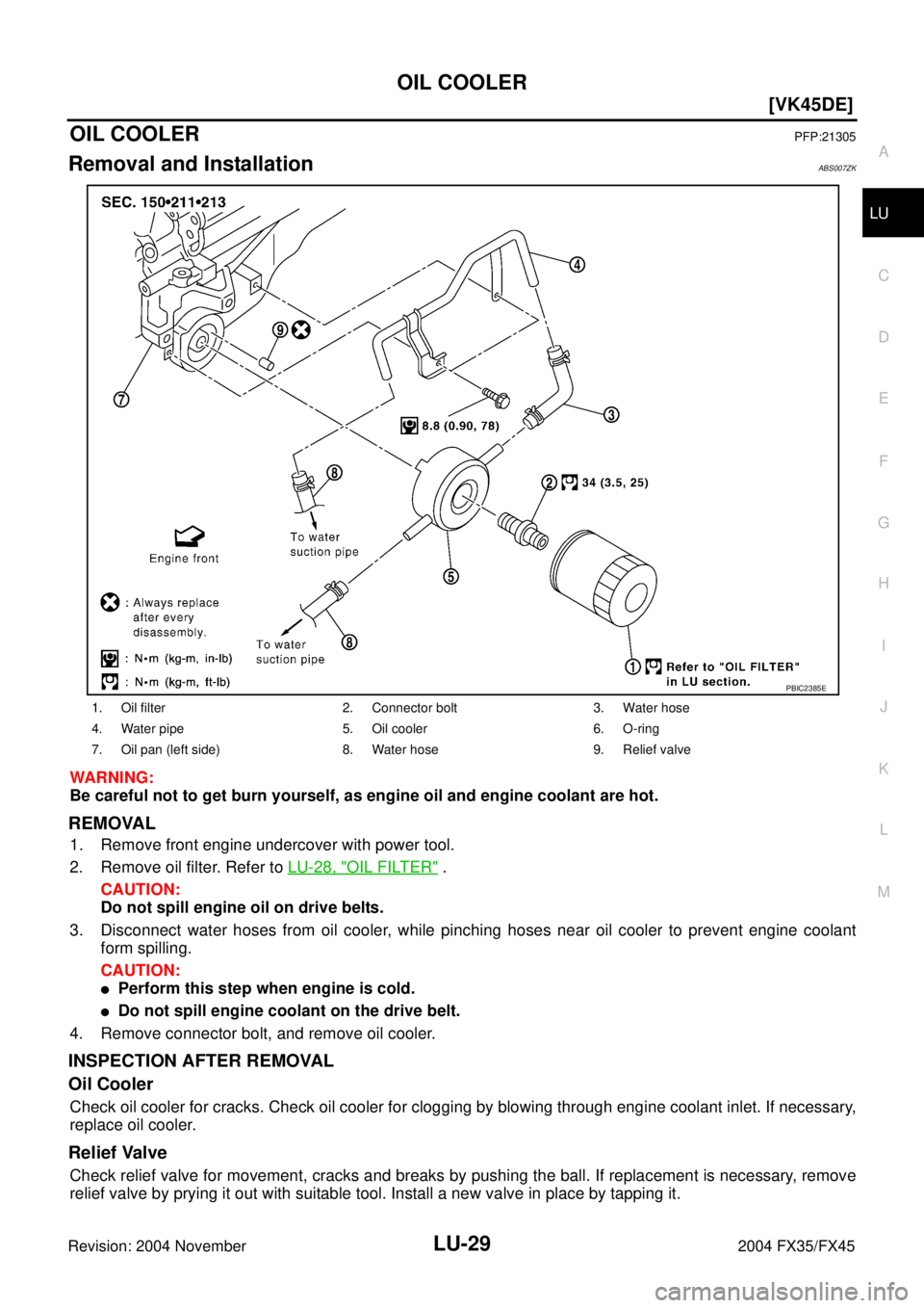 INFINITI FX35 2004  Service Manual OIL COOLER
LU-29
[VK45DE]
C
D
E
F
G
H
I
J
K
L
MA
LU
Revision: 2004 November 2004 FX35/FX45
OIL COOLERPFP:21305
Removal and InstallationABS007ZK
WARNING:
Be careful not to get burn yourself, as engine 