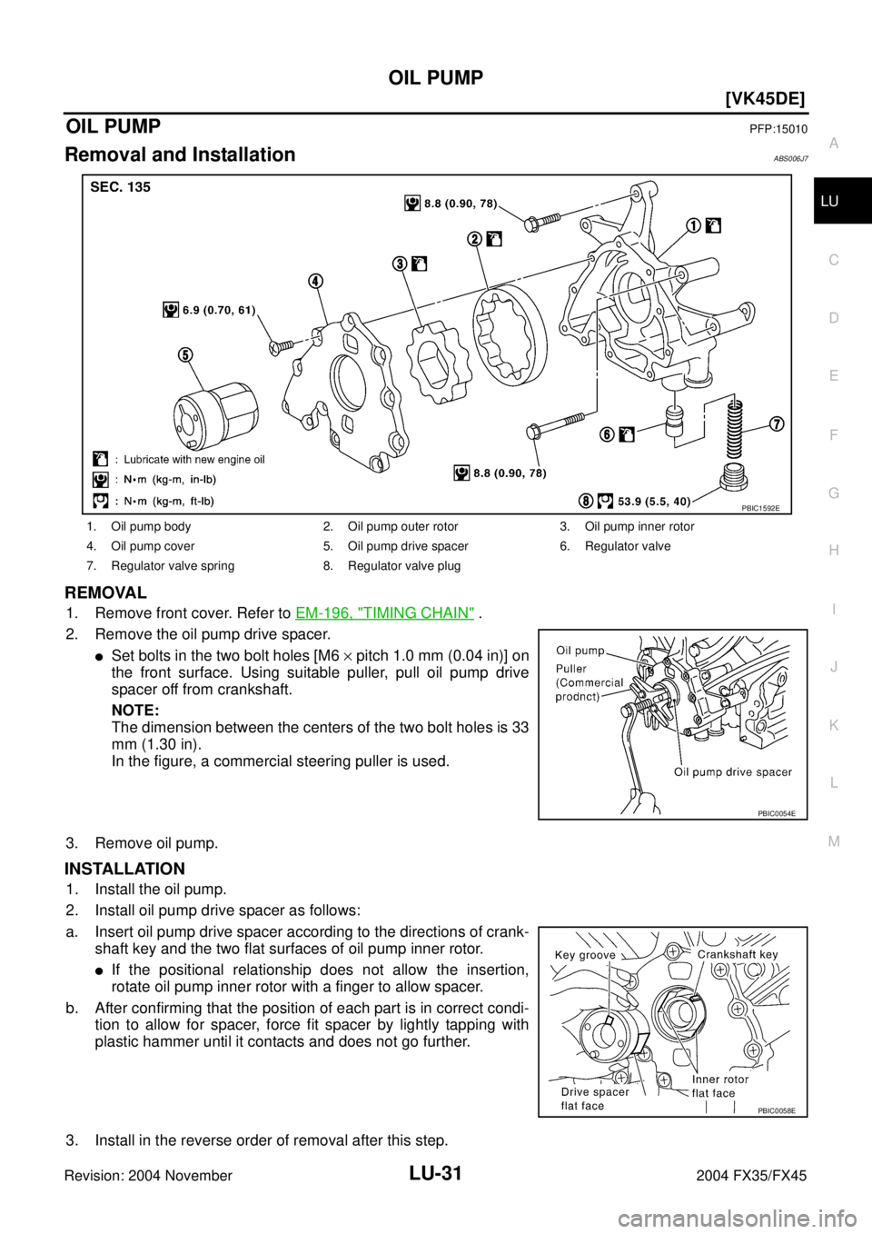 INFINITI FX35 2004  Service Manual OIL PUMP
LU-31
[VK45DE]
C
D
E
F
G
H
I
J
K
L
MA
LU
Revision: 2004 November 2004 FX35/FX45
OIL PUMPPFP:15010
Removal and InstallationABS006J7
REMOVAL
1. Remove front cover. Refer to EM-196, "TIMING CHAI