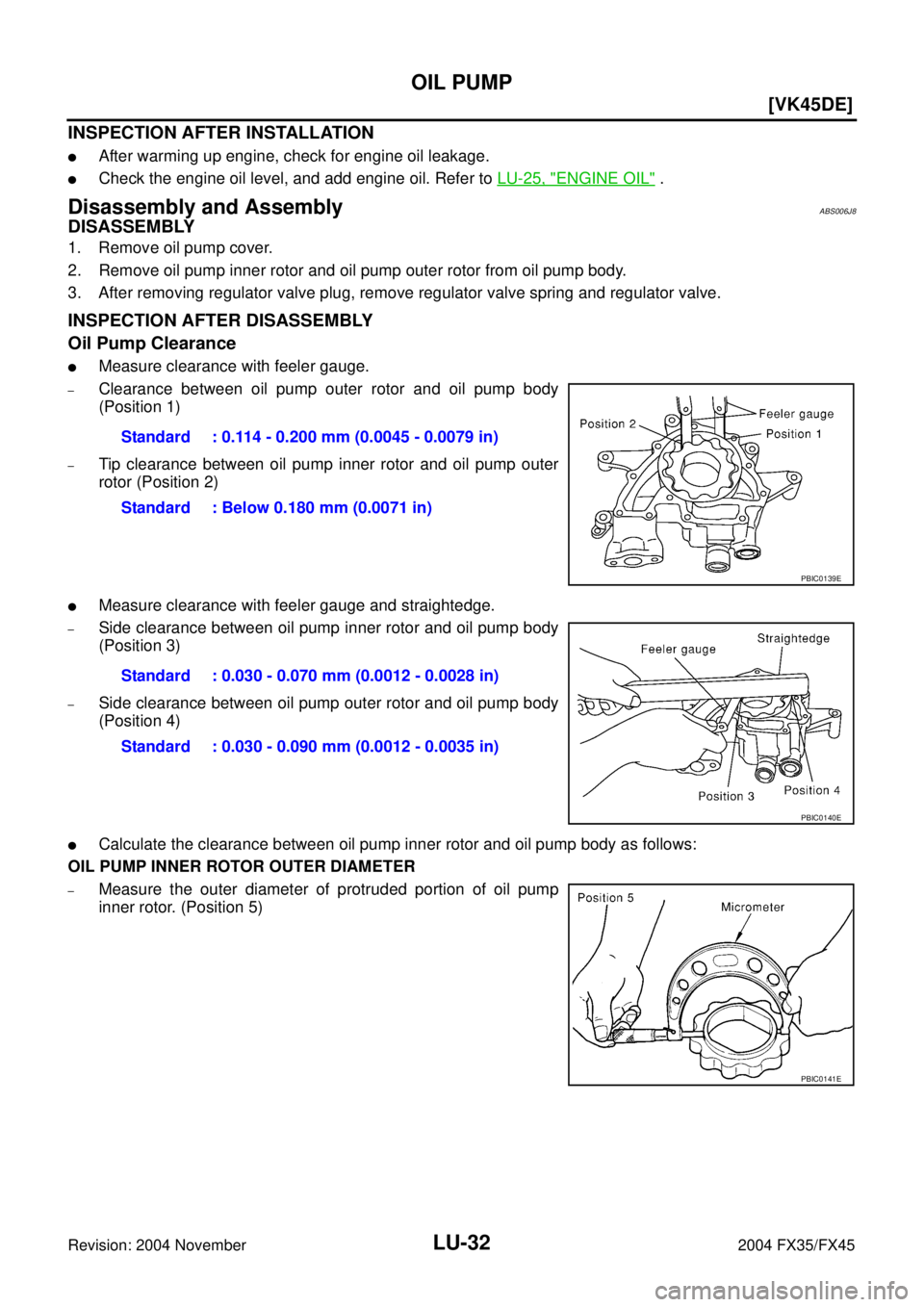 INFINITI FX35 2004  Service Manual LU-32
[VK45DE]
OIL PUMP
Revision: 2004 November 2004 FX35/FX45
INSPECTION AFTER INSTALLATION
After warming up engine, check for engine oil leakage.
Check the engine oil level, and add engine oil. Re