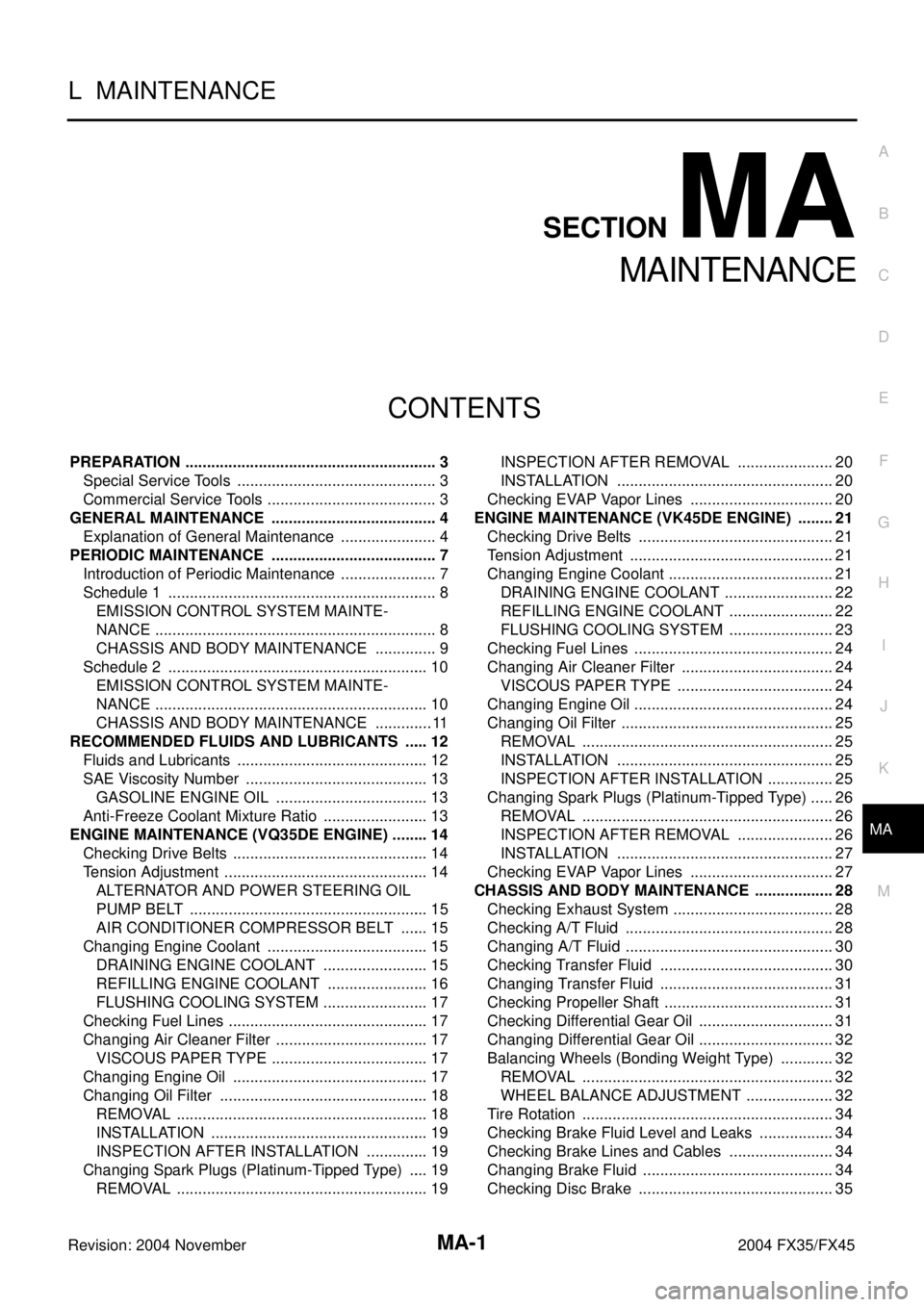 INFINITI FX35 2004  Service Manual MA-1
MAINTENANCE
L  MAINTENANCE
CONTENTS
C
D
E
F
G
H
I
J
K
M
SECTION MA
A
B
MA
Revision: 2004 November 2004 FX35/FX45
MAINTENANCE
PREPARATION ..........................................................