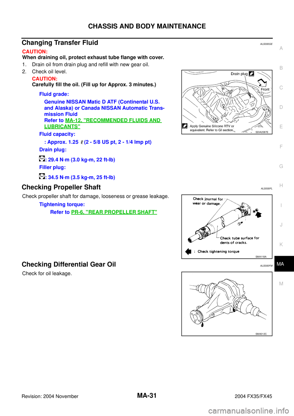 INFINITI FX35 2004  Service Manual CHASSIS AND BODY MAINTENANCE
MA-31
C
D
E
F
G
H
I
J
K
MA
B
MA
Revision: 2004 November 2004 FX35/FX45
Changing Transfer FluidALS000GE
CAUTION:
When draining oil, protect exhaust tube flange with cover.

