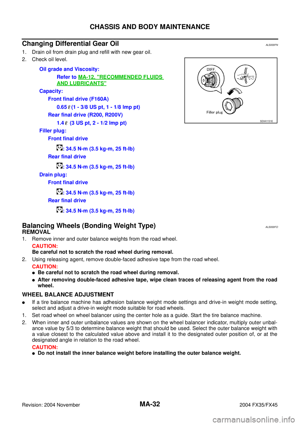 INFINITI FX35 2004  Service Manual MA-32
CHASSIS AND BODY MAINTENANCE
Revision: 2004 November 2004 FX35/FX45
Changing Differential Gear OilALS000FN
1. Drain oil from drain plug and refill with new gear oil.
2. Check oil level.
Balancin