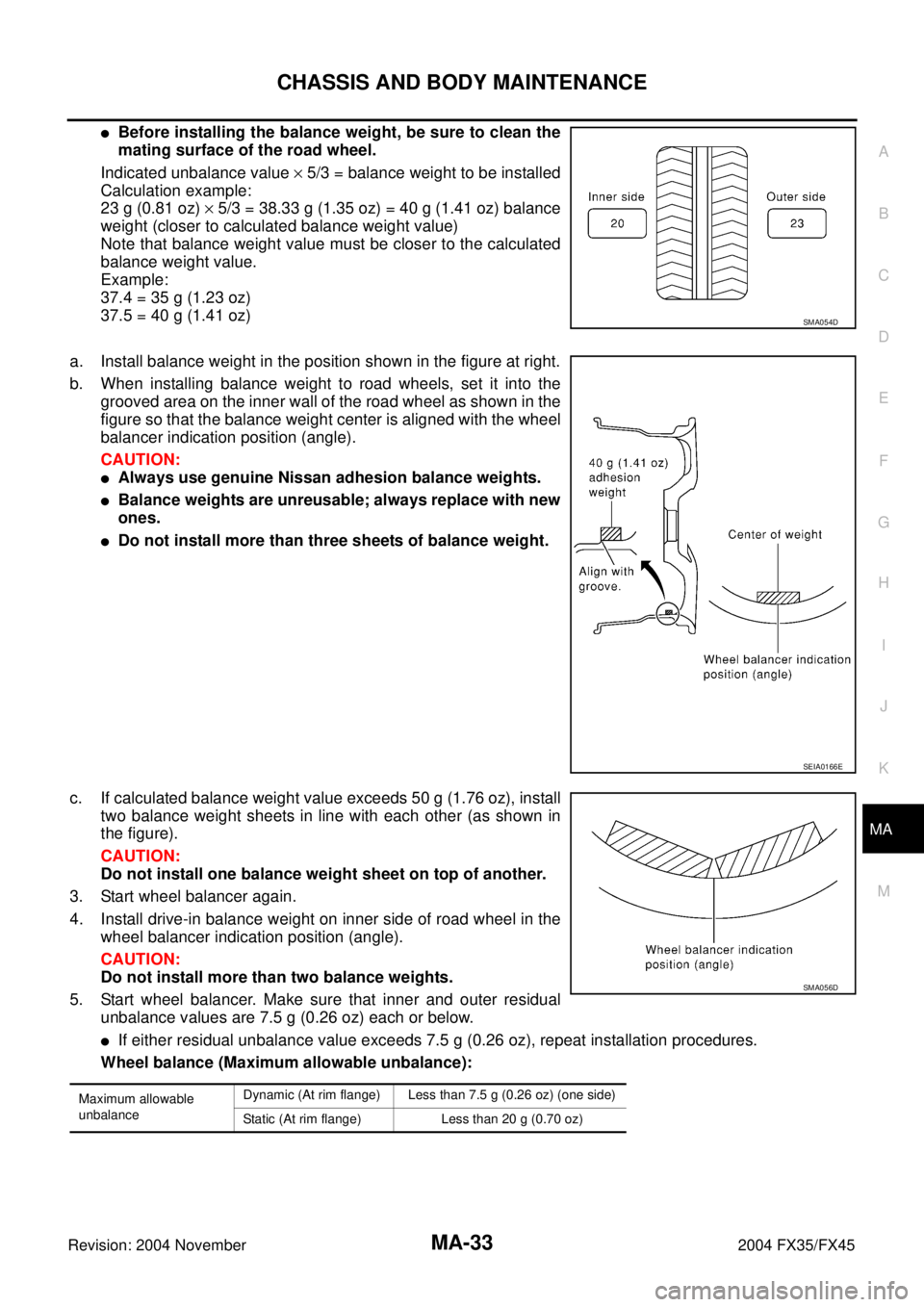 INFINITI FX35 2004 Service Manual CHASSIS AND BODY MAINTENANCE
MA-33
C
D
E
F
G
H
I
J
K
MA
B
MA
Revision: 2004 November 2004 FX35/FX45
Before installing the balance weight, be sure to clean the
mating surface of the road wheel.
Indica INFINITI FX35 2004 Service Manual CHASSIS AND BODY MAINTENANCE
MA-33
C
D
E
F
G
H
I
J
K
MA
B
MA
Revision: 2004 November 2004 FX35/FX45
Before installing the balance weight, be sure to clean the
mating surface of the road wheel.
Indica
