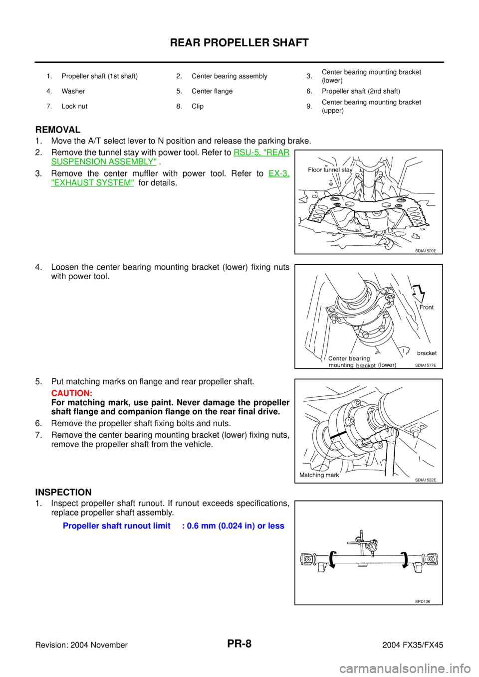 INFINITI FX35 2004 Service Manual PR-8
REAR PROPELLER SHAFT
Revision: 2004 November 2004 FX35/FX45
REMOVAL
1. Move the A/T select lever to N position and release the parking brake.
2. Remove the tunnel stay with power tool. Refer to R INFINITI FX35 2004 Service Manual PR-8
REAR PROPELLER SHAFT
Revision: 2004 November 2004 FX35/FX45
REMOVAL
1. Move the A/T select lever to N position and release the parking brake.
2. Remove the tunnel stay with power tool. Refer to R