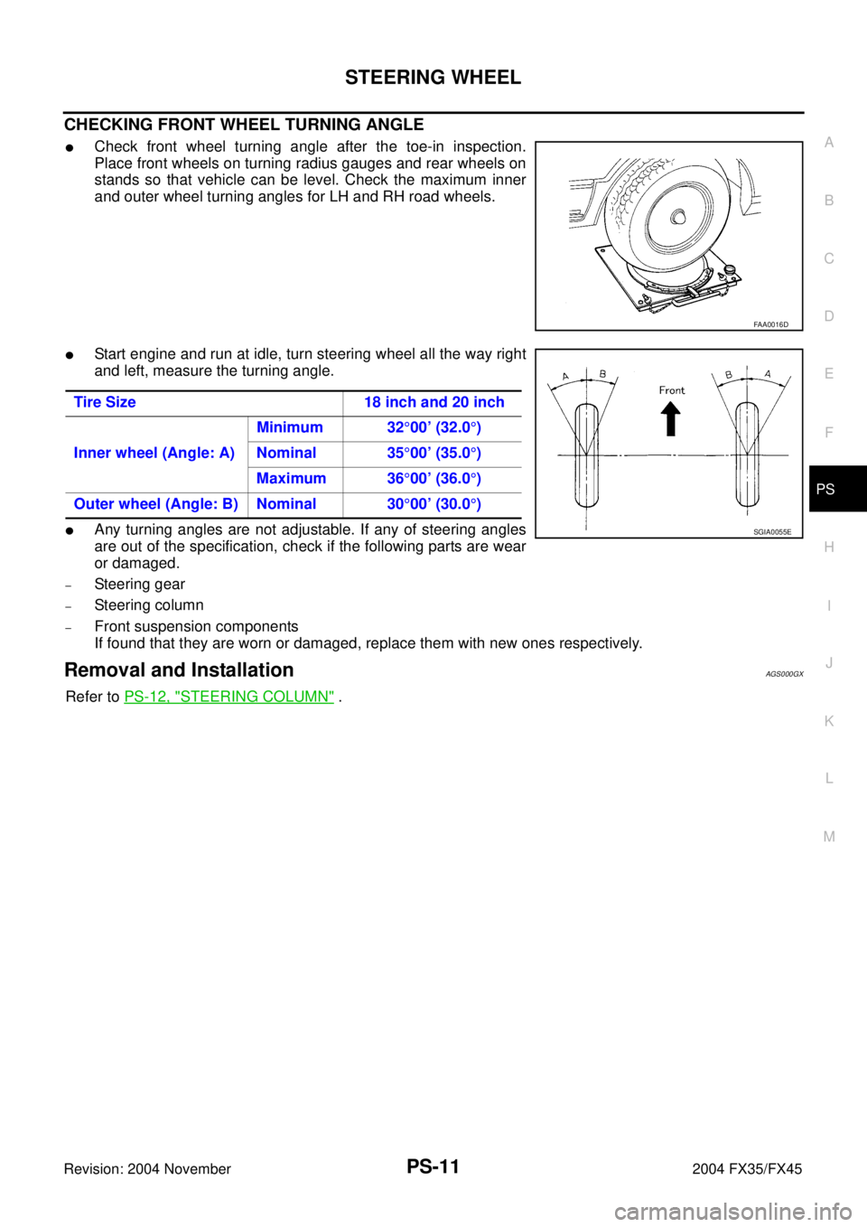 INFINITI FX35 2004  Service Manual STEERING WHEEL
PS-11
C
D
E
F
H
I
J
K
L
MA
B
PS
Revision: 2004 November 2004 FX35/FX45
CHECKING FRONT WHEEL TURNING ANGLE 
Check front wheel turning angle after the toe-in inspection.
Place front whee