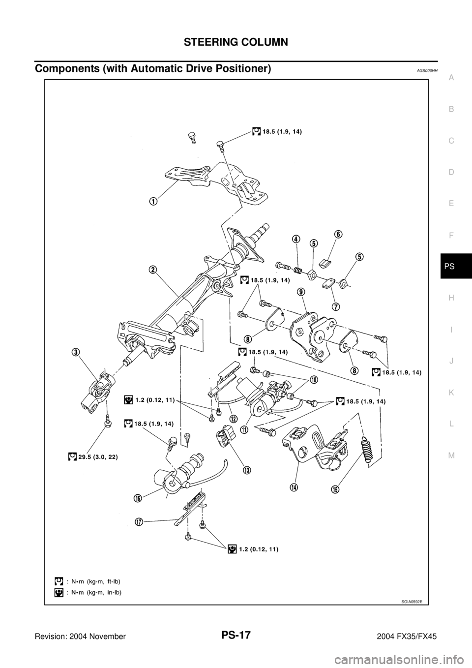 INFINITI FX35 2004  Service Manual STEERING COLUMN
PS-17
C
D
E
F
H
I
J
K
L
MA
B
PS
Revision: 2004 November 2004 FX35/FX45
Components (with Automatic Drive Positioner)AGS000HH
SGIA0592E 