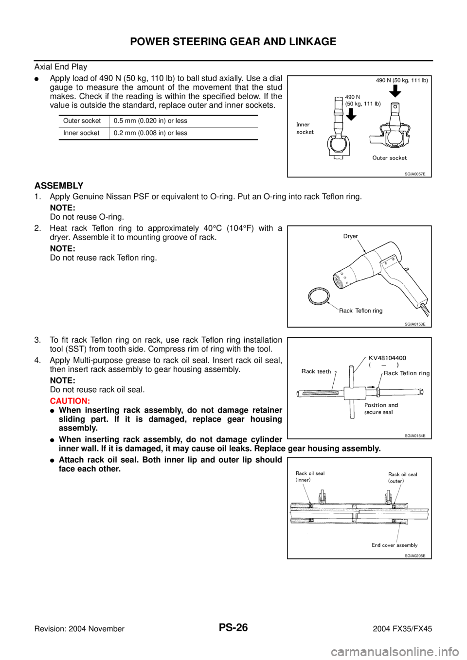 INFINITI FX35 2004  Service Manual PS-26
POWER STEERING GEAR AND LINKAGE
Revision: 2004 November 2004 FX35/FX45
Axial End Play
Apply load of 490 N (50 kg, 110 lb) to ball stud axially. Use a dial
gauge to measure the amount of the mov