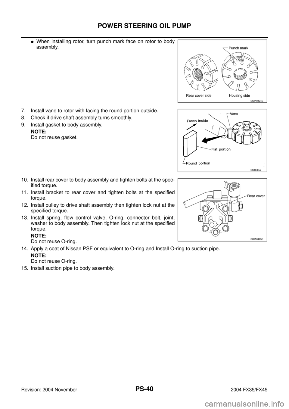 INFINITI FX35 2004  Service Manual PS-40
POWER STEERING OIL PUMP
Revision: 2004 November 2004 FX35/FX45
When installing rotor, turn punch mark face on rotor to body
assembly.
7. Install vane to rotor with facing the round portion outs