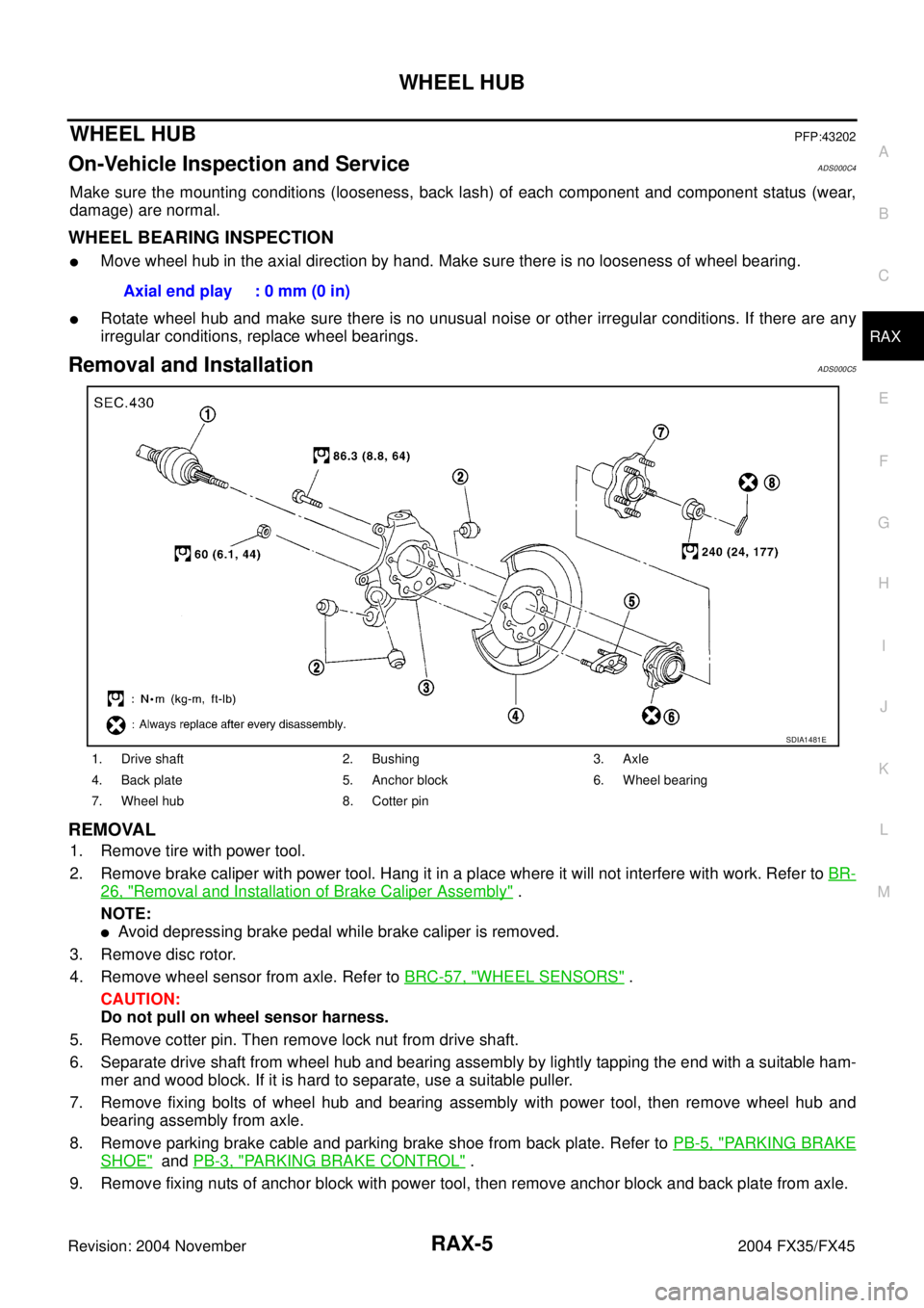 INFINITI FX35 2004  Service Manual WHEEL HUB
RAX-5
C
E
F
G
H
I
J
K
L
MA
B
RAX
Revision: 2004 November 2004 FX35/FX45
WHEEL HUBPFP:43202
On-Vehicle Inspection and ServiceADS000C4
Make sure the mounting conditions (looseness, back lash) 