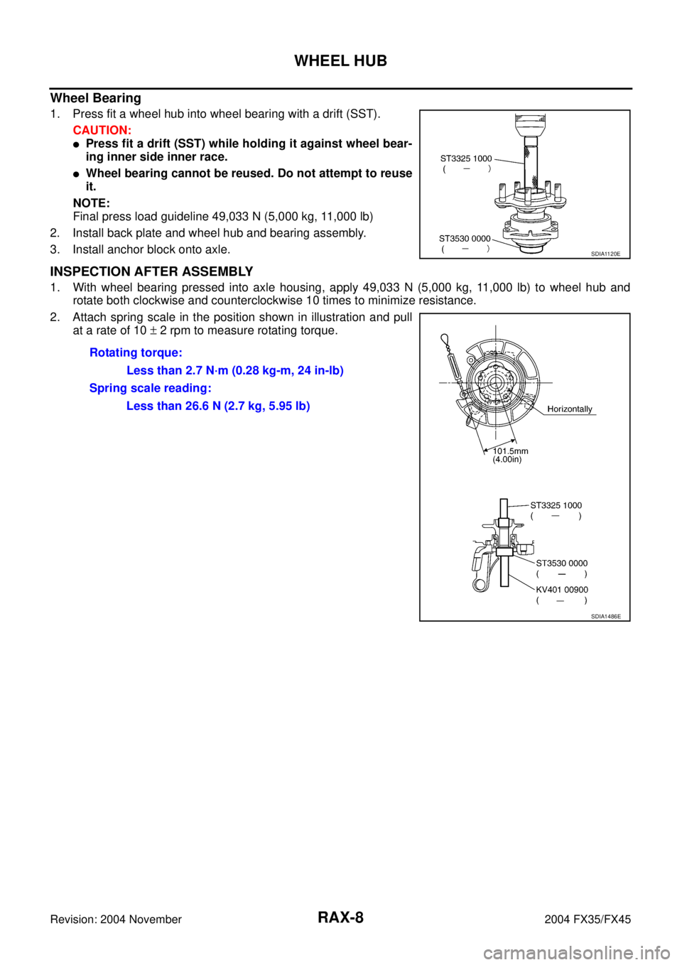 INFINITI FX35 2004  Service Manual RAX-8
WHEEL HUB
Revision: 2004 November 2004 FX35/FX45
Wheel Bearing
1. Press fit a wheel hub into wheel bearing with a drift (SST). 
CAUTION:
Press fit a drift (SST) while holding it against wheel b