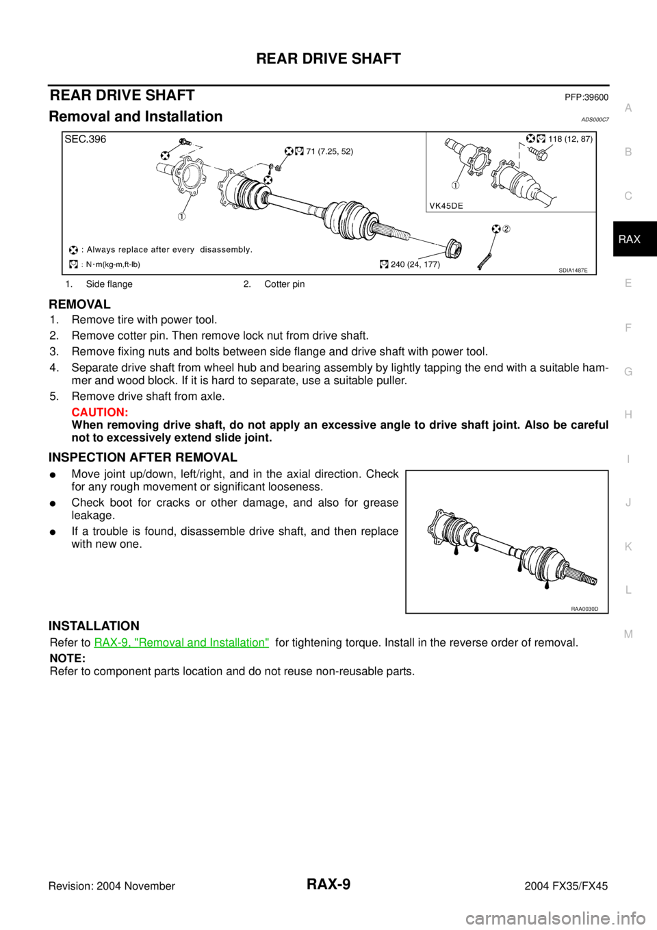 INFINITI FX35 2004  Service Manual REAR DRIVE SHAFT
RAX-9
C
E
F
G
H
I
J
K
L
MA
B
RAX
Revision: 2004 November 2004 FX35/FX45
REAR DRIVE SHAFTPFP:39600
Removal and InstallationADS000C7
REMOVAL
1. Remove tire with power tool.
2. Remove co