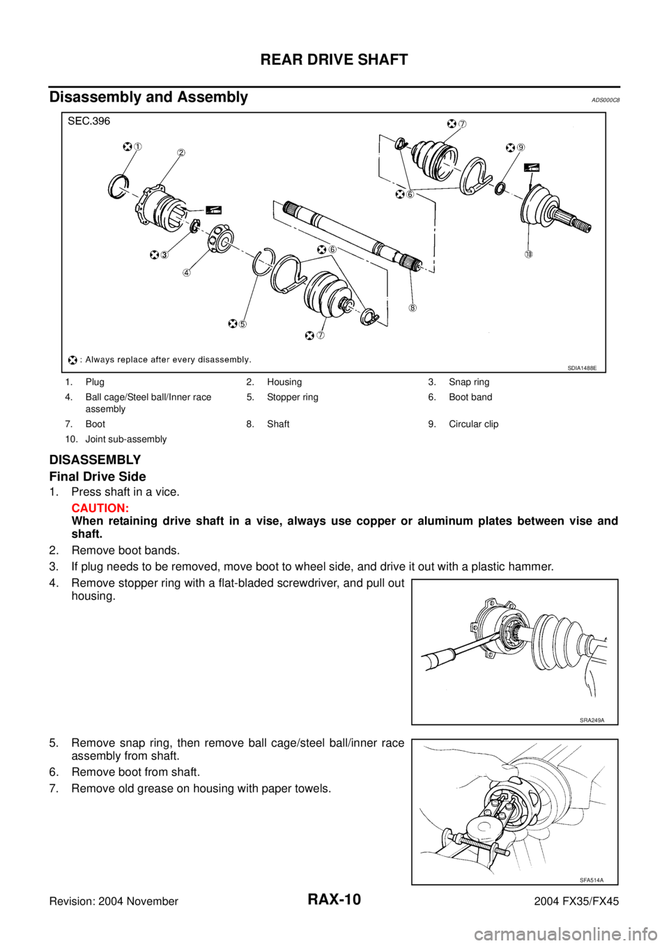 INFINITI FX35 2004  Service Manual RAX-10
REAR DRIVE SHAFT
Revision: 2004 November 2004 FX35/FX45
Disassembly and AssemblyADS000C8
DISASSEMBLY
Final Drive Side
1. Press shaft in a vice.
CAUTION:
When retaining drive shaft in a vise, al