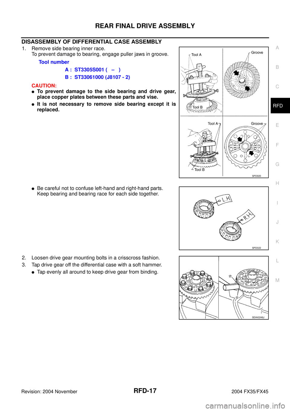 INFINITI FX35 2004  Service Manual REAR FINAL DRIVE ASSEMBLY
RFD-17
C
E
F
G
H
I
J
K
L
MA
B
RFD
Revision: 2004 November 2004 FX35/FX45
DISASSEMBLY OF DIFFERENTIAL CASE ASSEMBLY
1. Remove side bearing inner race.
To prevent damage to bea