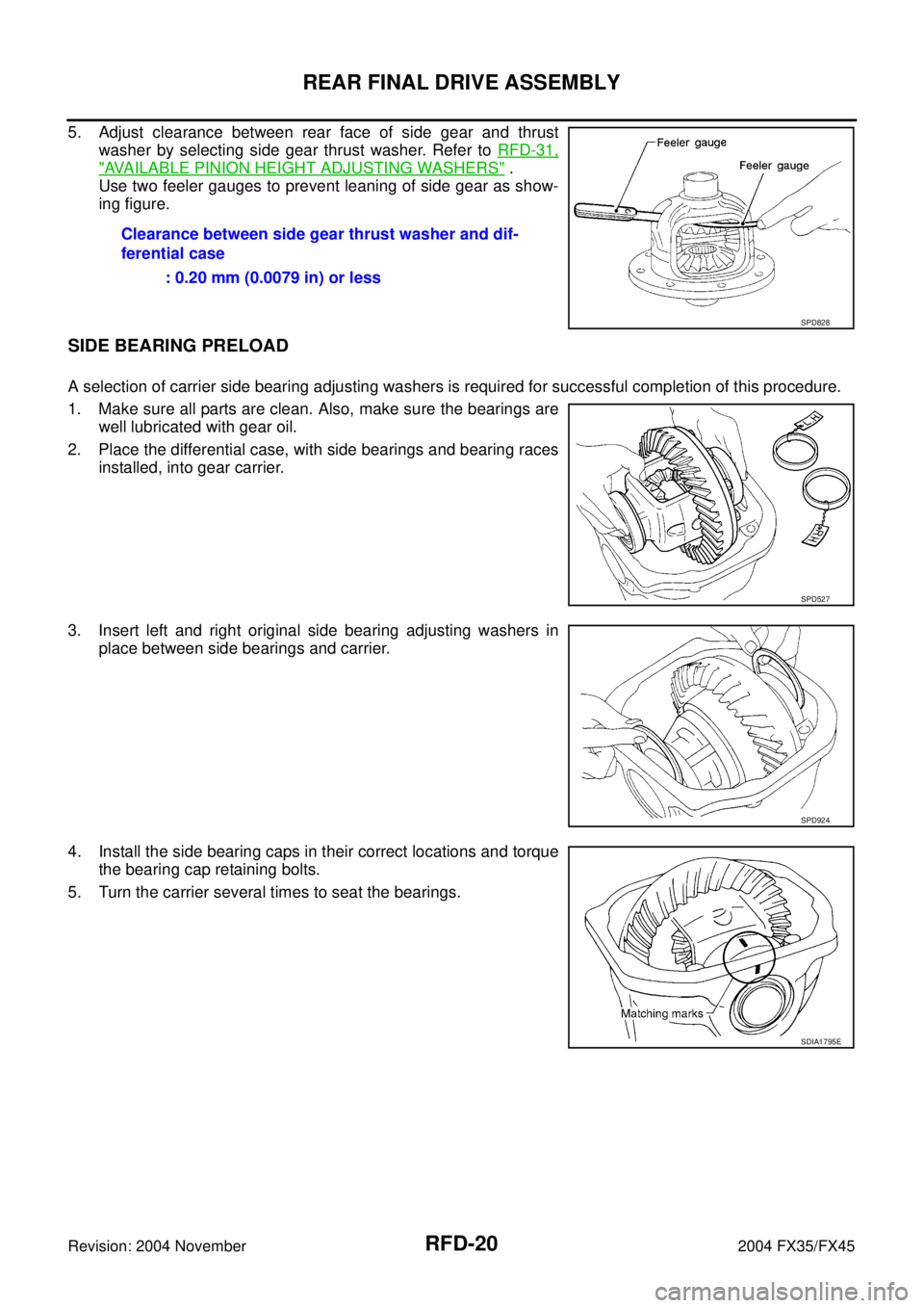 INFINITI FX35 2004 Service Manual RFD-20
REAR FINAL DRIVE ASSEMBLY
Revision: 2004 November 2004 FX35/FX45
5. Adjust clearance between rear face of side gear and thrust
washer by selecting side gear thrust washer. Refer to RFD-31,
"AVA INFINITI FX35 2004 Service Manual RFD-20
REAR FINAL DRIVE ASSEMBLY
Revision: 2004 November 2004 FX35/FX45
5. Adjust clearance between rear face of side gear and thrust
washer by selecting side gear thrust washer. Refer to RFD-31,
"AVA