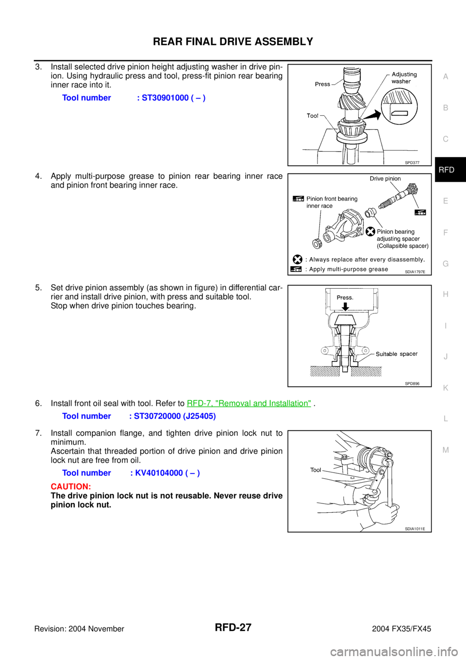 INFINITI FX35 2004 Service Manual REAR FINAL DRIVE ASSEMBLY
RFD-27
C
E
F
G
H
I
J
K
L
MA
B
RFD
Revision: 2004 November 2004 FX35/FX45
3. Install selected drive pinion height adjusting washer in drive pin-
ion. Using hydraulic press and INFINITI FX35 2004 Service Manual REAR FINAL DRIVE ASSEMBLY
RFD-27
C
E
F
G
H
I
J
K
L
MA
B
RFD
Revision: 2004 November 2004 FX35/FX45
3. Install selected drive pinion height adjusting washer in drive pin-
ion. Using hydraulic press and