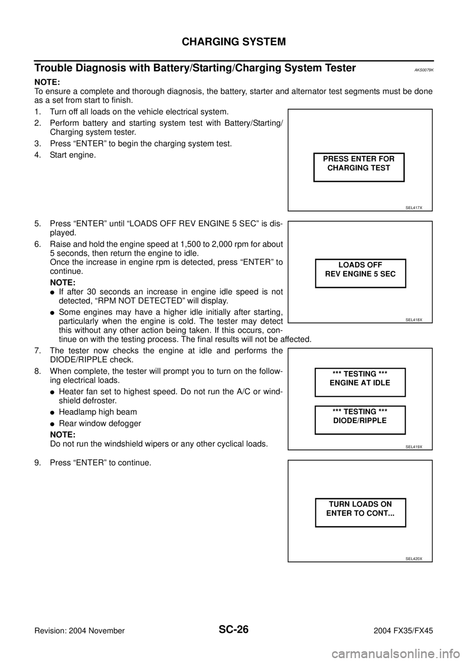 INFINITI FX35 2004 Service Manual SC-26
CHARGING SYSTEM
Revision: 2004 November 2004 FX35/FX45
Trouble Diagnosis with Battery/Starting/Charging System TesterAKS0079K
NOTE:
To ensure a complete and thorough diagnosis, the battery, star INFINITI FX35 2004 Service Manual SC-26
CHARGING SYSTEM
Revision: 2004 November 2004 FX35/FX45
Trouble Diagnosis with Battery/Starting/Charging System TesterAKS0079K
NOTE:
To ensure a complete and thorough diagnosis, the battery, star