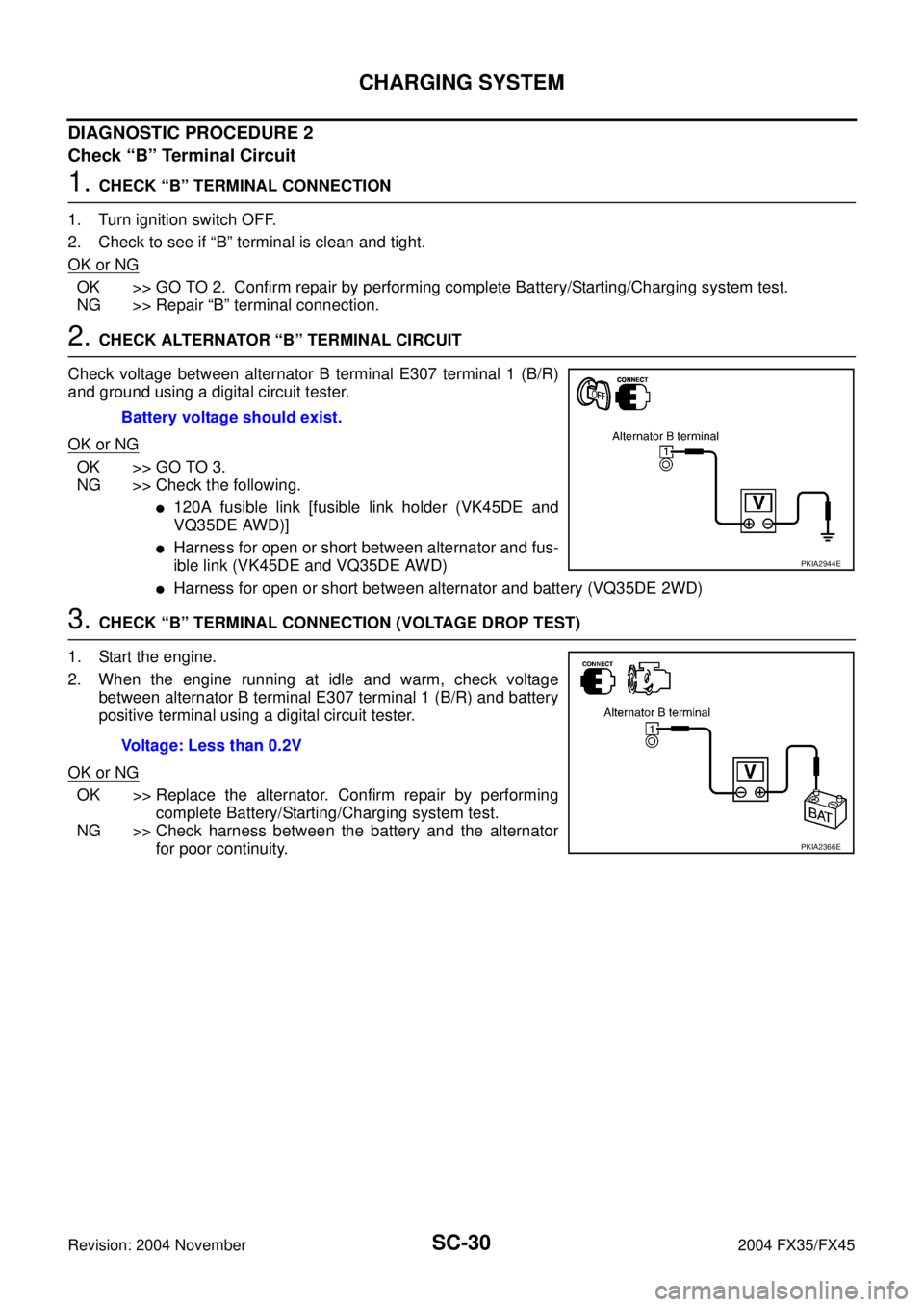 INFINITI FX35 2004 Service Manual SC-30
CHARGING SYSTEM
Revision: 2004 November 2004 FX35/FX45
DIAGNOSTIC PROCEDURE 2
Check “B” Terminal Circuit
1. CHECK “B” TERMINAL CONNECTION
1. Turn ignition switch OFF.
2. Check to see if INFINITI FX35 2004 Service Manual SC-30
CHARGING SYSTEM
Revision: 2004 November 2004 FX35/FX45
DIAGNOSTIC PROCEDURE 2
Check “B” Terminal Circuit
1. CHECK “B” TERMINAL CONNECTION
1. Turn ignition switch OFF.
2. Check to see if