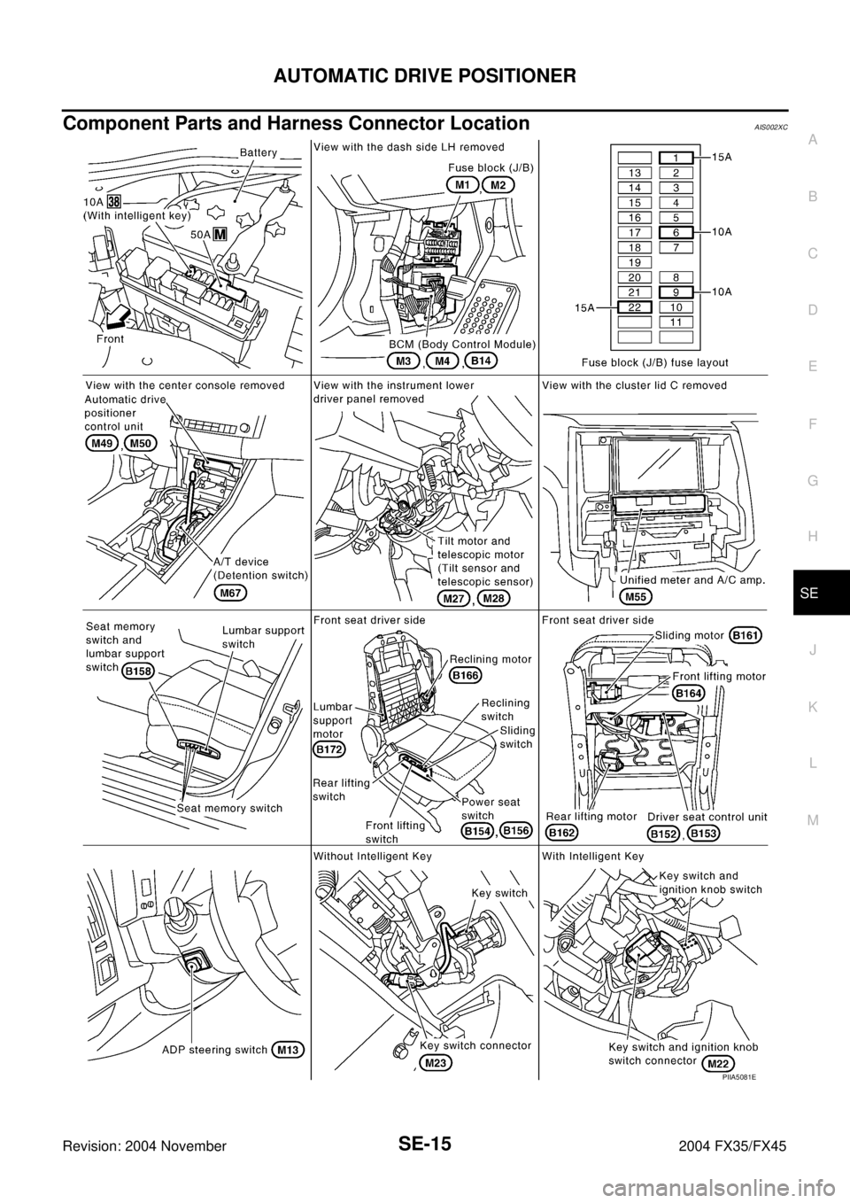 INFINITI FX35 2004  Service Manual AUTOMATIC DRIVE POSITIONER
SE-15
C
D
E
F
G
H
J
K
L
MA
B
SE
Revision: 2004 November 2004 FX35/FX45
Component Parts and Harness Connector LocationAIS002XC
PIIA5081E 