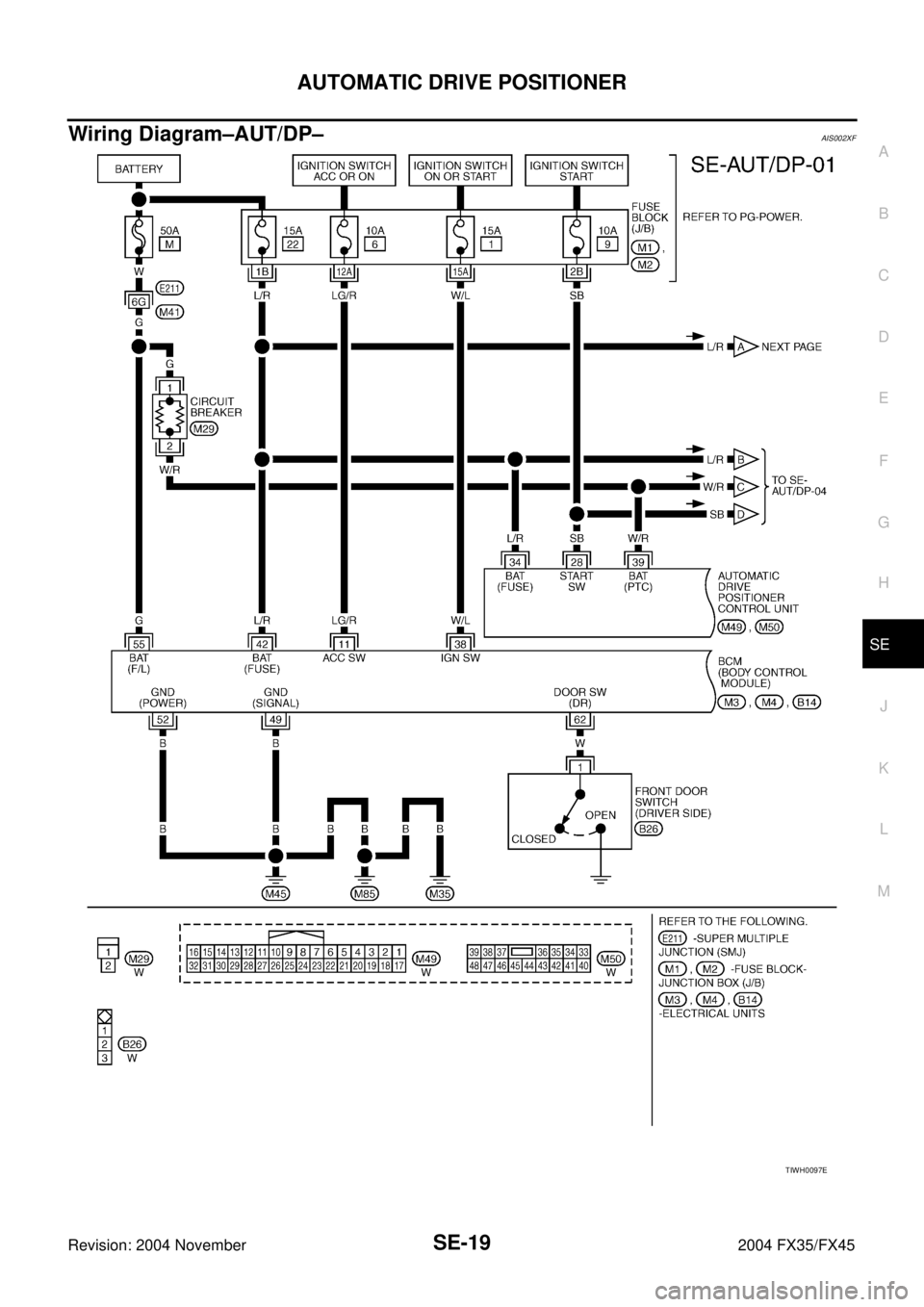 INFINITI FX35 2004  Service Manual AUTOMATIC DRIVE POSITIONER
SE-19
C
D
E
F
G
H
J
K
L
MA
B
SE
Revision: 2004 November 2004 FX35/FX45
Wiring Diagram–AUT/DP–AIS002XF
TIWH0097E 