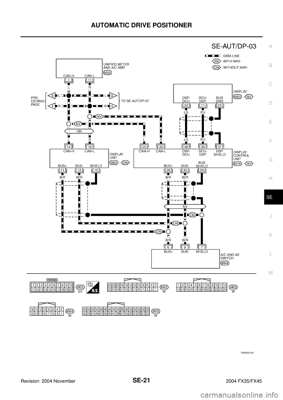 INFINITI FX35 2004  Service Manual AUTOMATIC DRIVE POSITIONER
SE-21
C
D
E
F
G
H
J
K
L
MA
B
SE
Revision: 2004 November 2004 FX35/FX45
TIWM0312E 