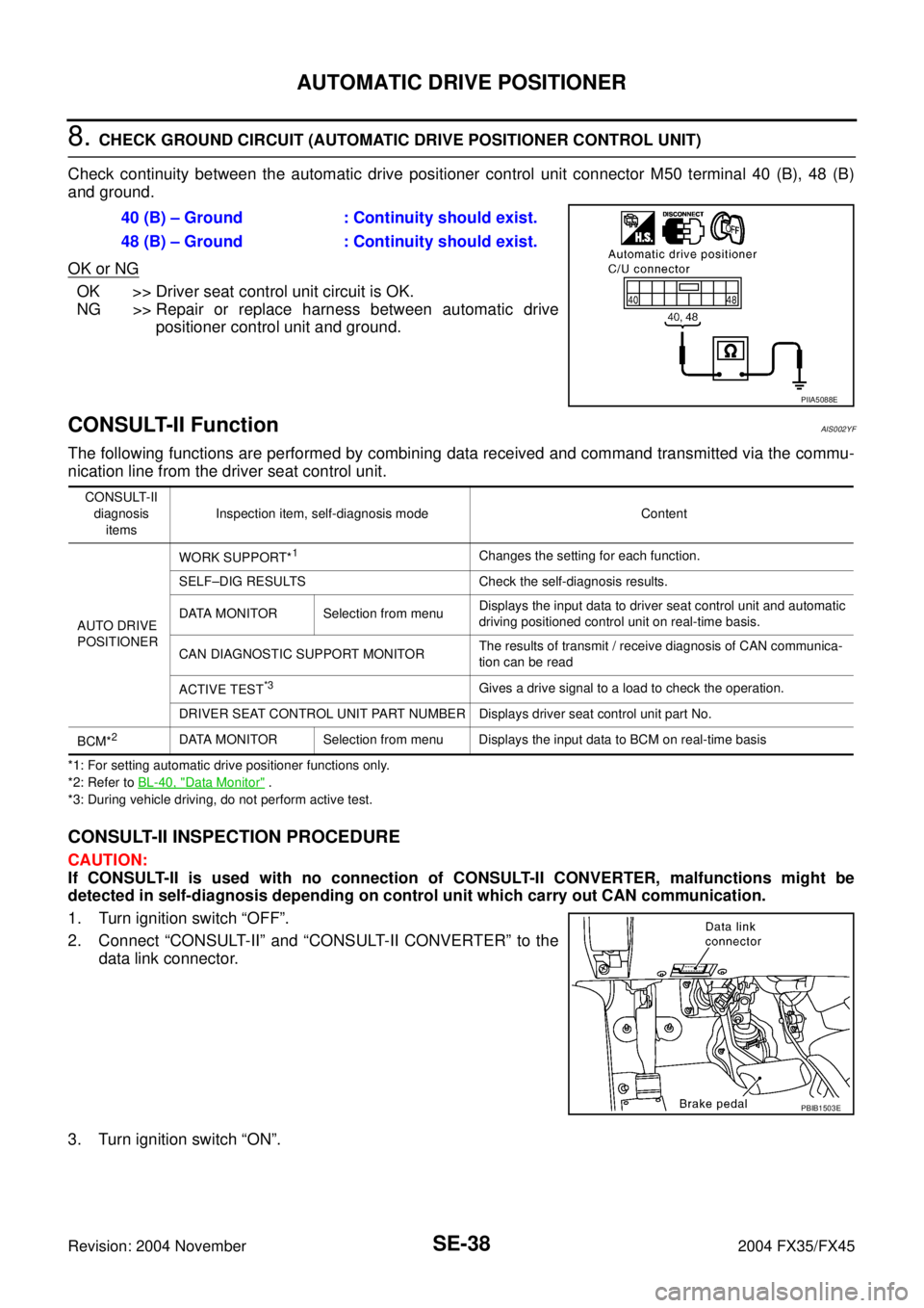 INFINITI FX35 2004  Service Manual SE-38
AUTOMATIC DRIVE POSITIONER
Revision: 2004 November 2004 FX35/FX45
8. CHECK GROUND CIRCUIT (AUTOMATIC DRIVE POSITIONER CONTROL UNIT)
Check continuity between the automatic drive positioner contro