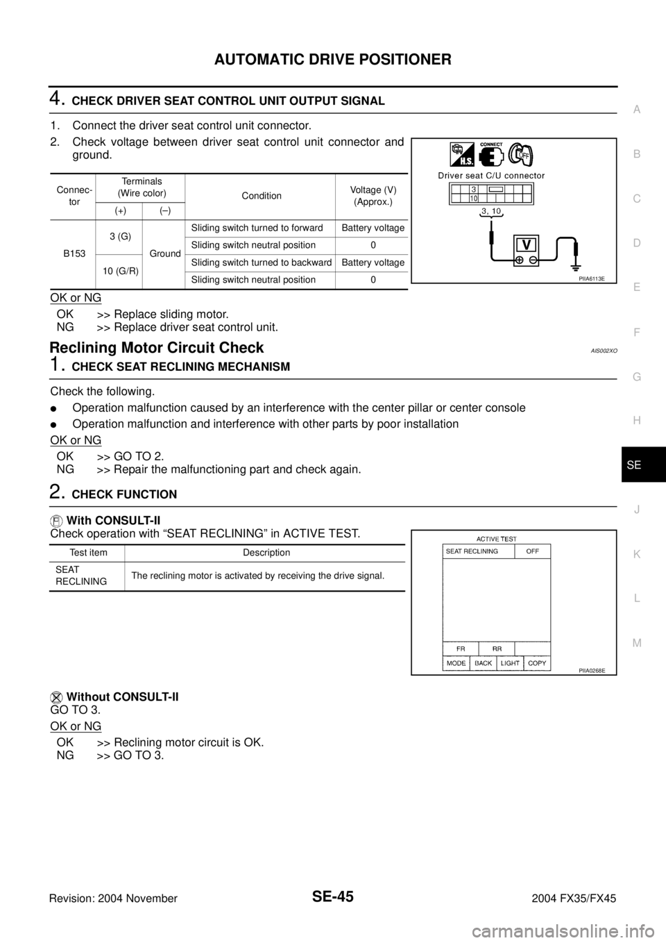 INFINITI FX35 2004  Service Manual AUTOMATIC DRIVE POSITIONER
SE-45
C
D
E
F
G
H
J
K
L
MA
B
SE
Revision: 2004 November 2004 FX35/FX45
4. CHECK DRIVER SEAT CONTROL UNIT OUTPUT SIGNAL
1. Connect the driver seat control unit connector.
2. 