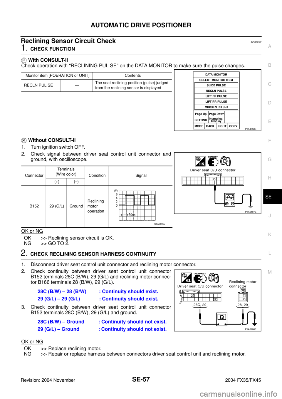 INFINITI FX35 2004  Service Manual AUTOMATIC DRIVE POSITIONER
SE-57
C
D
E
F
G
H
J
K
L
MA
B
SE
Revision: 2004 November 2004 FX35/FX45
Reclining Sensor Circuit CheckAIS002XT
1. CHECK FUNCTION
 With CONSULT-II
Check operation with “RECL
