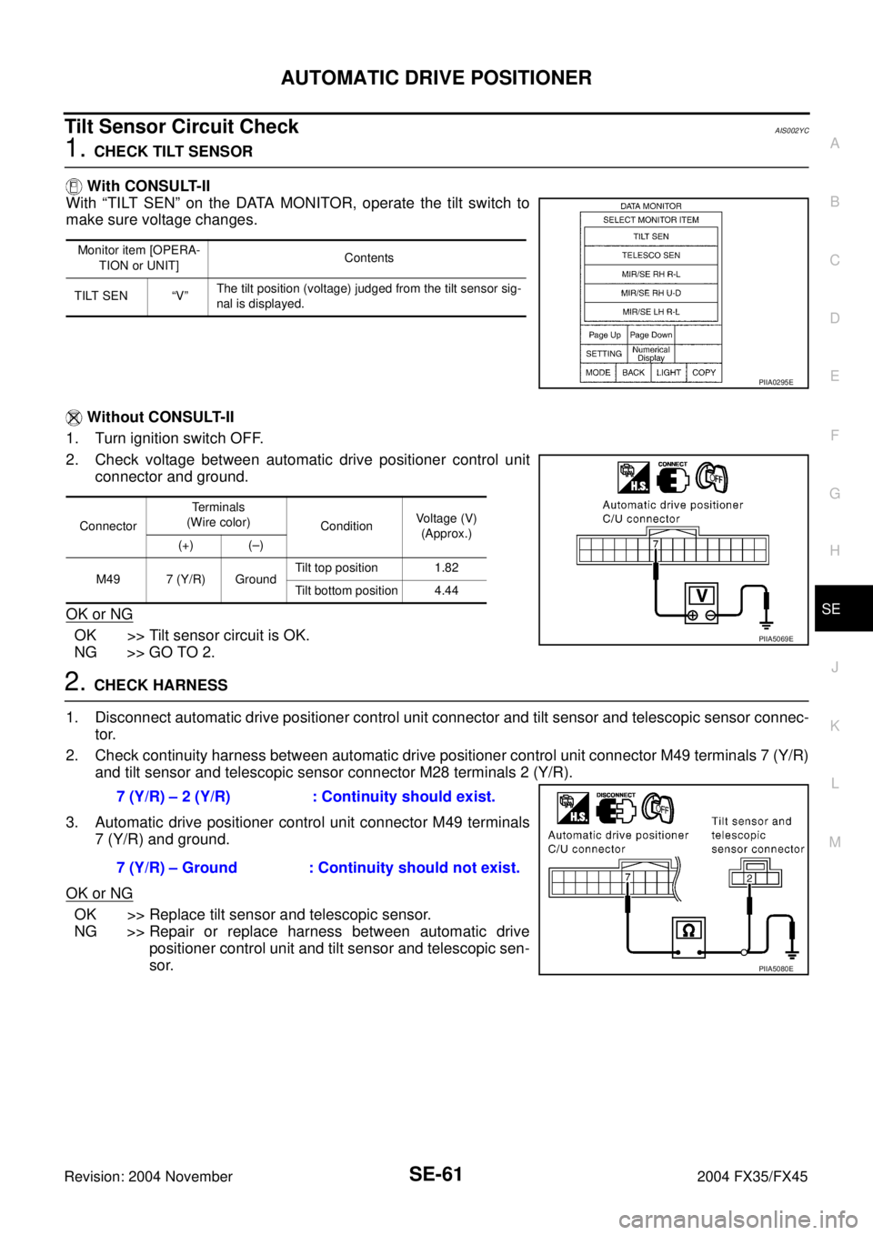 INFINITI FX35 2004  Service Manual AUTOMATIC DRIVE POSITIONER
SE-61
C
D
E
F
G
H
J
K
L
MA
B
SE
Revision: 2004 November 2004 FX35/FX45
Tilt Sensor Circuit CheckAIS002YC
1. CHECK TILT SENSOR
 With CONSULT-II
With “TILT SEN” on the DAT