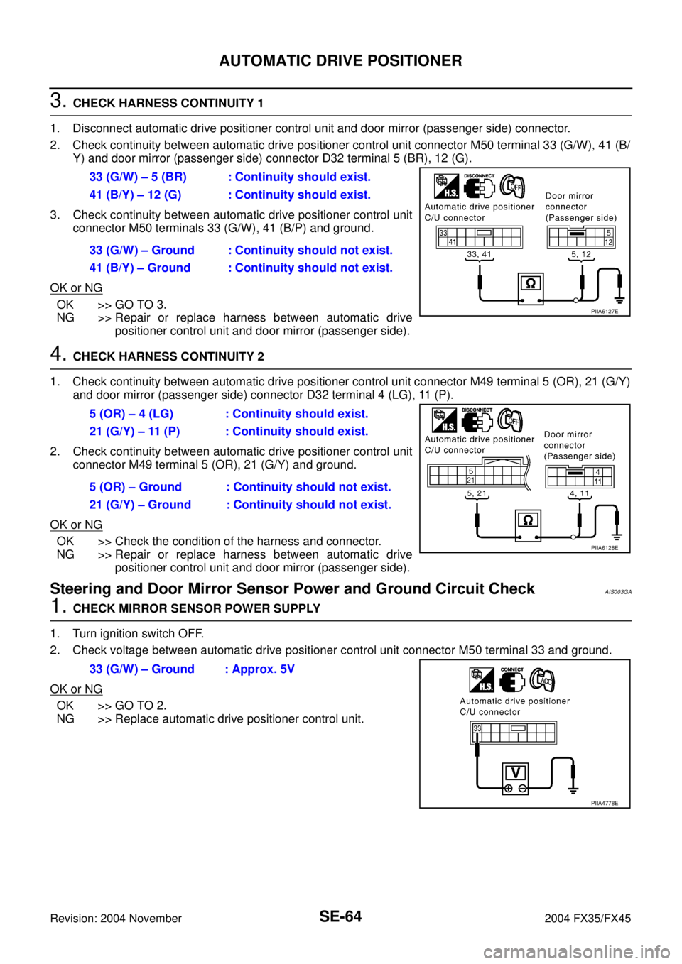INFINITI FX35 2004  Service Manual SE-64
AUTOMATIC DRIVE POSITIONER
Revision: 2004 November 2004 FX35/FX45
3. CHECK HARNESS CONTINUITY 1
1. Disconnect automatic drive positioner control unit and door mirror (passenger side) connector.
