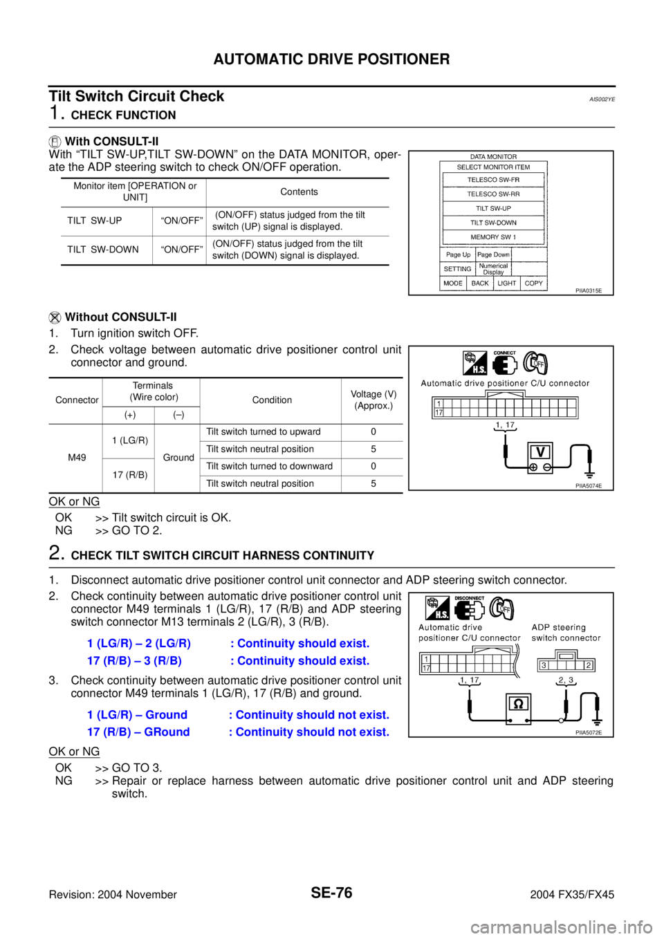 INFINITI FX35 2004 Service Manual SE-76
AUTOMATIC DRIVE POSITIONER
Revision: 2004 November 2004 FX35/FX45
Tilt Switch Circuit CheckAIS002YE
1. CHECK FUNCTION
With CONSULT-II
With “TILT SW-UP,TILT SW-DOWN” on the DATA MONITOR, ope INFINITI FX35 2004 Service Manual SE-76
AUTOMATIC DRIVE POSITIONER
Revision: 2004 November 2004 FX35/FX45
Tilt Switch Circuit CheckAIS002YE
1. CHECK FUNCTION
With CONSULT-II
With “TILT SW-UP,TILT SW-DOWN” on the DATA MONITOR, ope
