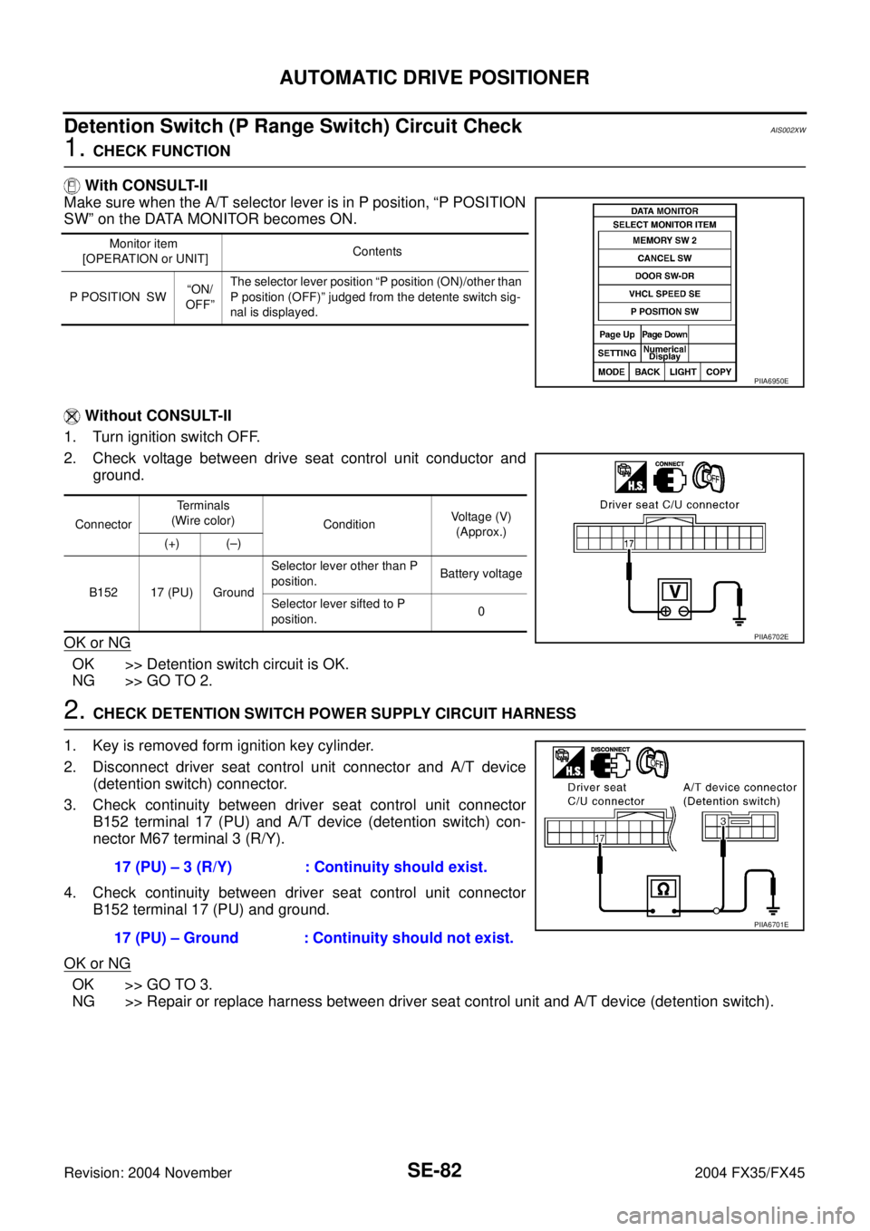 INFINITI FX35 2004 Service Manual SE-82
AUTOMATIC DRIVE POSITIONER
Revision: 2004 November 2004 FX35/FX45
Detention Switch (P Range Switch) Circuit CheckAIS002XW
1. CHECK FUNCTION
With CONSULT-II
Make sure when the A/T selector lever INFINITI FX35 2004 Service Manual SE-82
AUTOMATIC DRIVE POSITIONER
Revision: 2004 November 2004 FX35/FX45
Detention Switch (P Range Switch) Circuit CheckAIS002XW
1. CHECK FUNCTION
With CONSULT-II
Make sure when the A/T selector lever