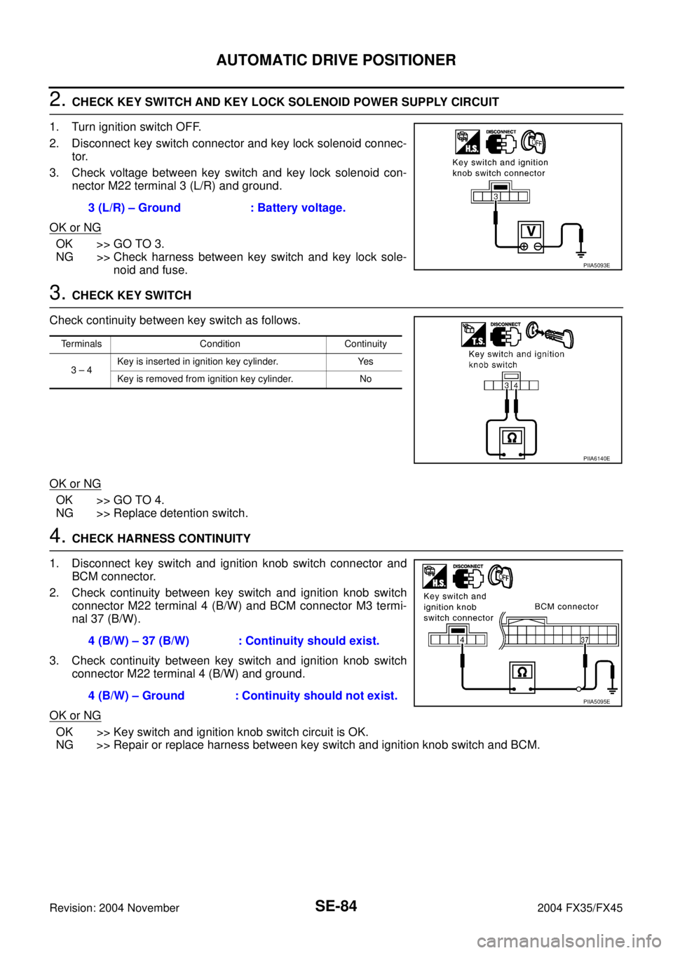 INFINITI FX35 2004 Service Manual SE-84
AUTOMATIC DRIVE POSITIONER
Revision: 2004 November 2004 FX35/FX45
2. CHECK KEY SWITCH AND KEY LOCK SOLENOID POWER SUPPLY CIRCUIT
1. Turn ignition switch OFF.
2. Disconnect key switch connector a INFINITI FX35 2004 Service Manual SE-84
AUTOMATIC DRIVE POSITIONER
Revision: 2004 November 2004 FX35/FX45
2. CHECK KEY SWITCH AND KEY LOCK SOLENOID POWER SUPPLY CIRCUIT
1. Turn ignition switch OFF.
2. Disconnect key switch connector a