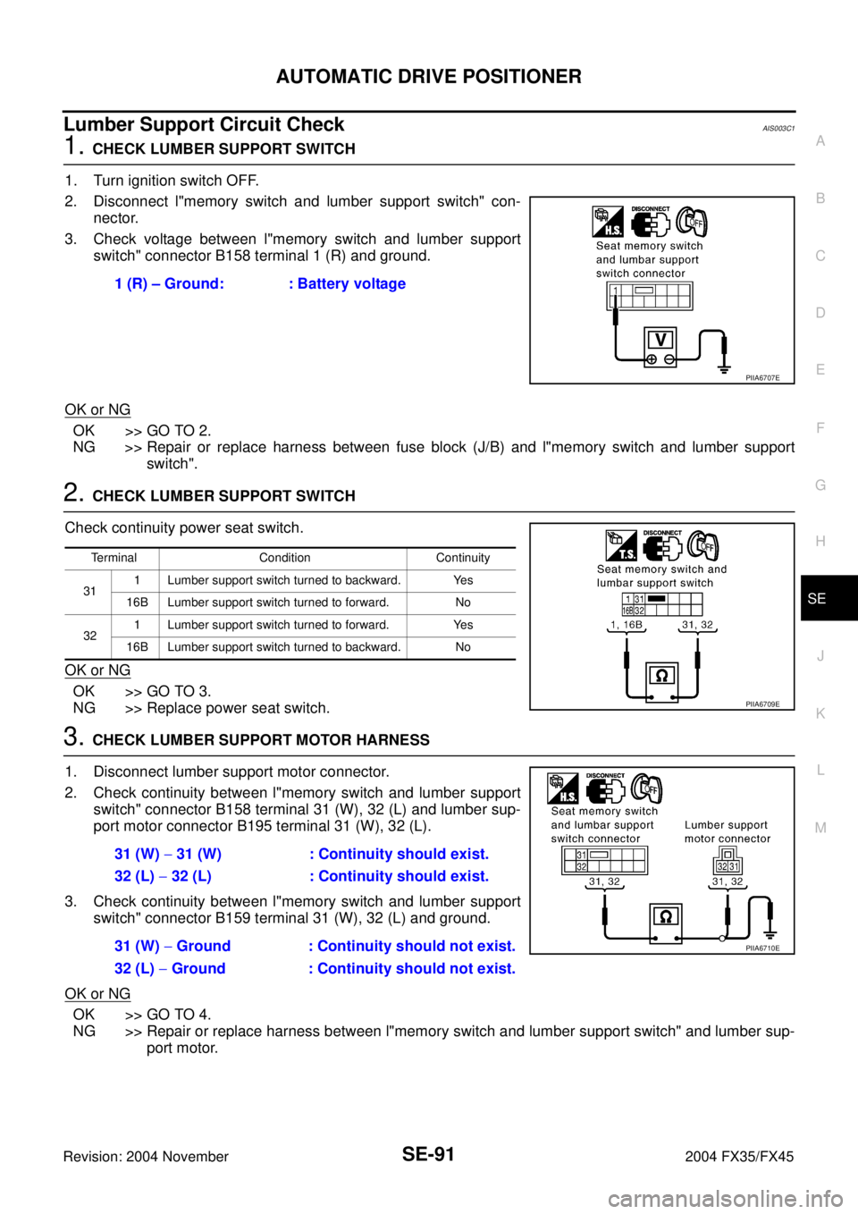 INFINITI FX35 2004 Service Manual AUTOMATIC DRIVE POSITIONER
SE-91
C
D
E
F
G
H
J
K
L
MA
B
SE
Revision: 2004 November 2004 FX35/FX45
Lumber Support Circuit CheckAIS003C1
1. CHECK LUMBER SUPPORT SWITCH
1. Turn ignition switch OFF.
2. Di INFINITI FX35 2004 Service Manual AUTOMATIC DRIVE POSITIONER
SE-91
C
D
E
F
G
H
J
K
L
MA
B
SE
Revision: 2004 November 2004 FX35/FX45
Lumber Support Circuit CheckAIS003C1
1. CHECK LUMBER SUPPORT SWITCH
1. Turn ignition switch OFF.
2. Di