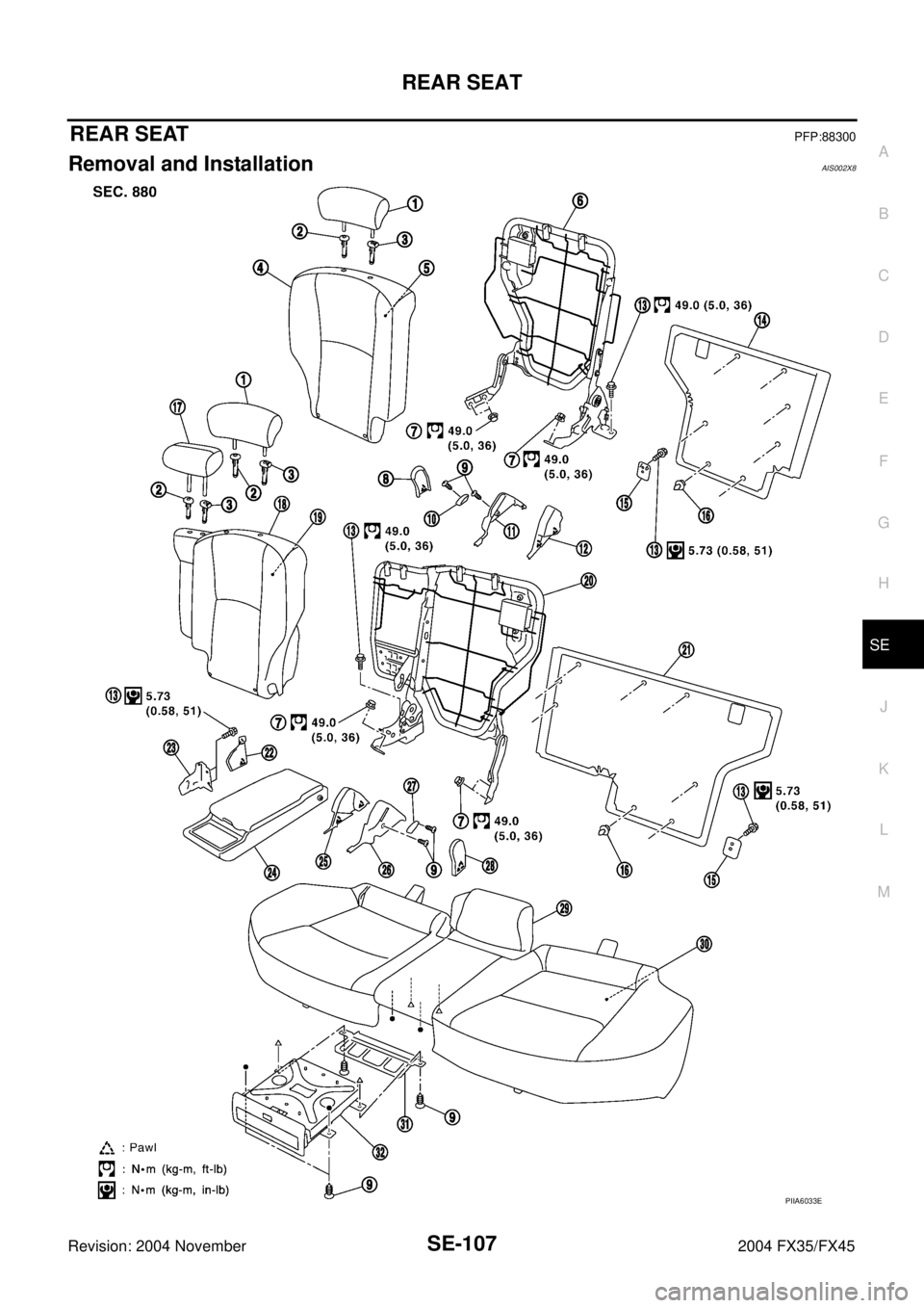 INFINITI FX35 2004  Service Manual REAR SEAT
SE-107
C
D
E
F
G
H
J
K
L
MA
B
SE
Revision: 2004 November 2004 FX35/FX45
REAR SEATPFP:88300
Removal and InstallationAIS002X8
PIIA6033E 