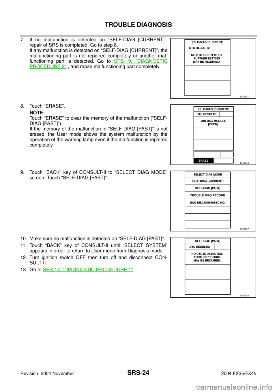 INFINITI FX35 2004  Service Manual SRS-24
TROUBLE DIAGNOSIS
Revision: 2004 November 2004 FX35/FX45
7. If no malfunction is detected on “SELF-DIAG [CURRENT]”,
repair of SRS is completed. Go to step 8.
If any malfunction is detected 