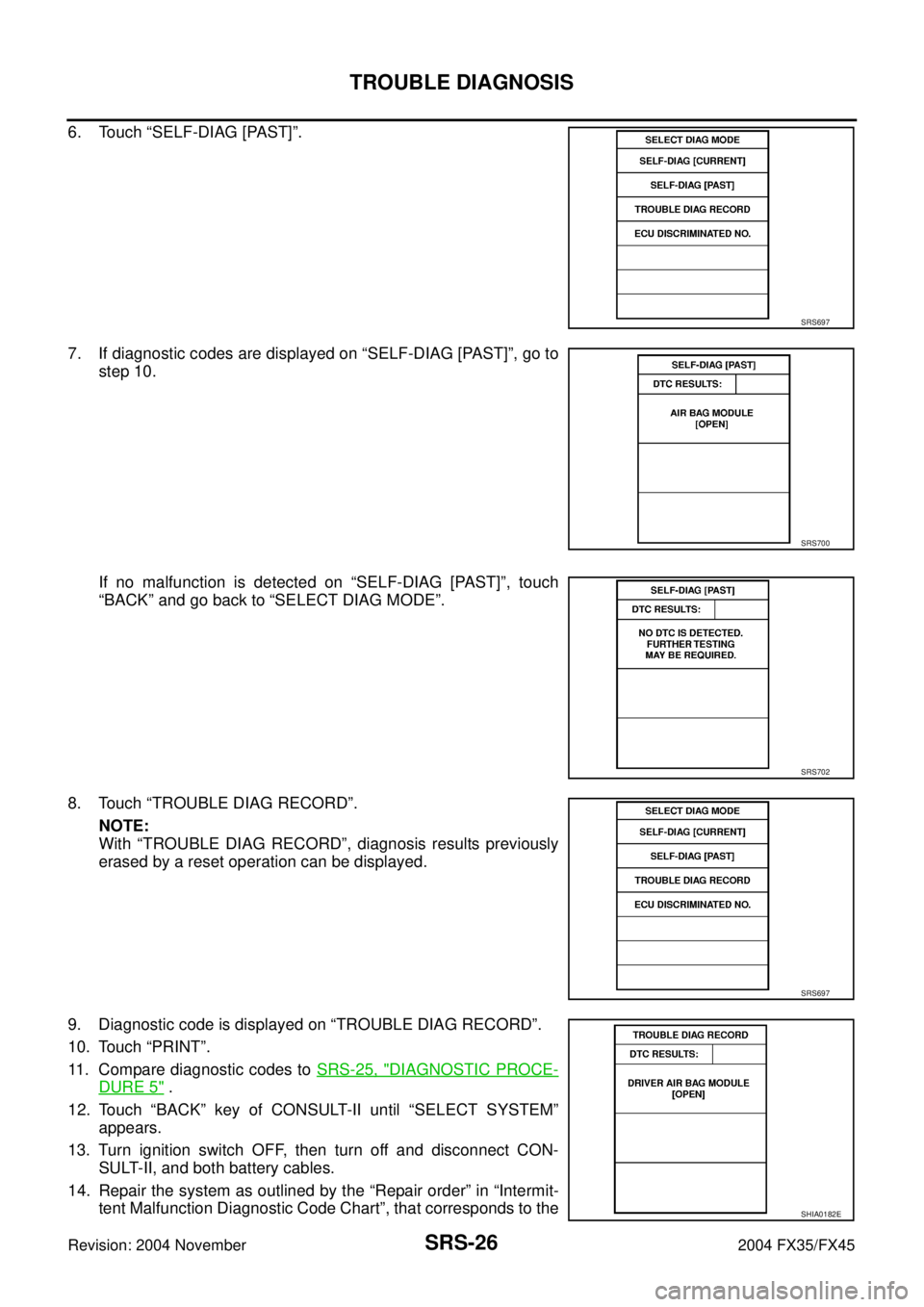 INFINITI FX35 2004  Service Manual SRS-26
TROUBLE DIAGNOSIS
Revision: 2004 November 2004 FX35/FX45
6. Touch “SELF-DIAG [PAST]”.
7. If diagnostic codes are displayed on “SELF-DIAG [PAST]”, go to
step 10.
If no malfunction is det