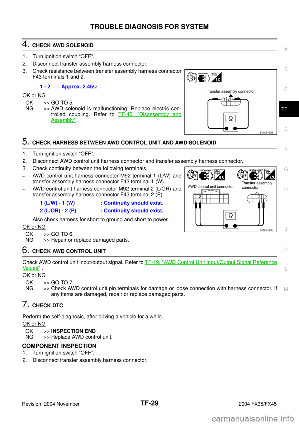 INFINITI FX35 2004  Service Manual TROUBLE DIAGNOSIS FOR SYSTEM
TF-29
C
E
F
G
H
I
J
K
L
MA
B
TF
Revision: 2004 November 2004 FX35/FX45
4. CHECK AWD SOLENOID 
1. Turn ignition switch “OFF”.
2. Disconnect transfer assembly harness co