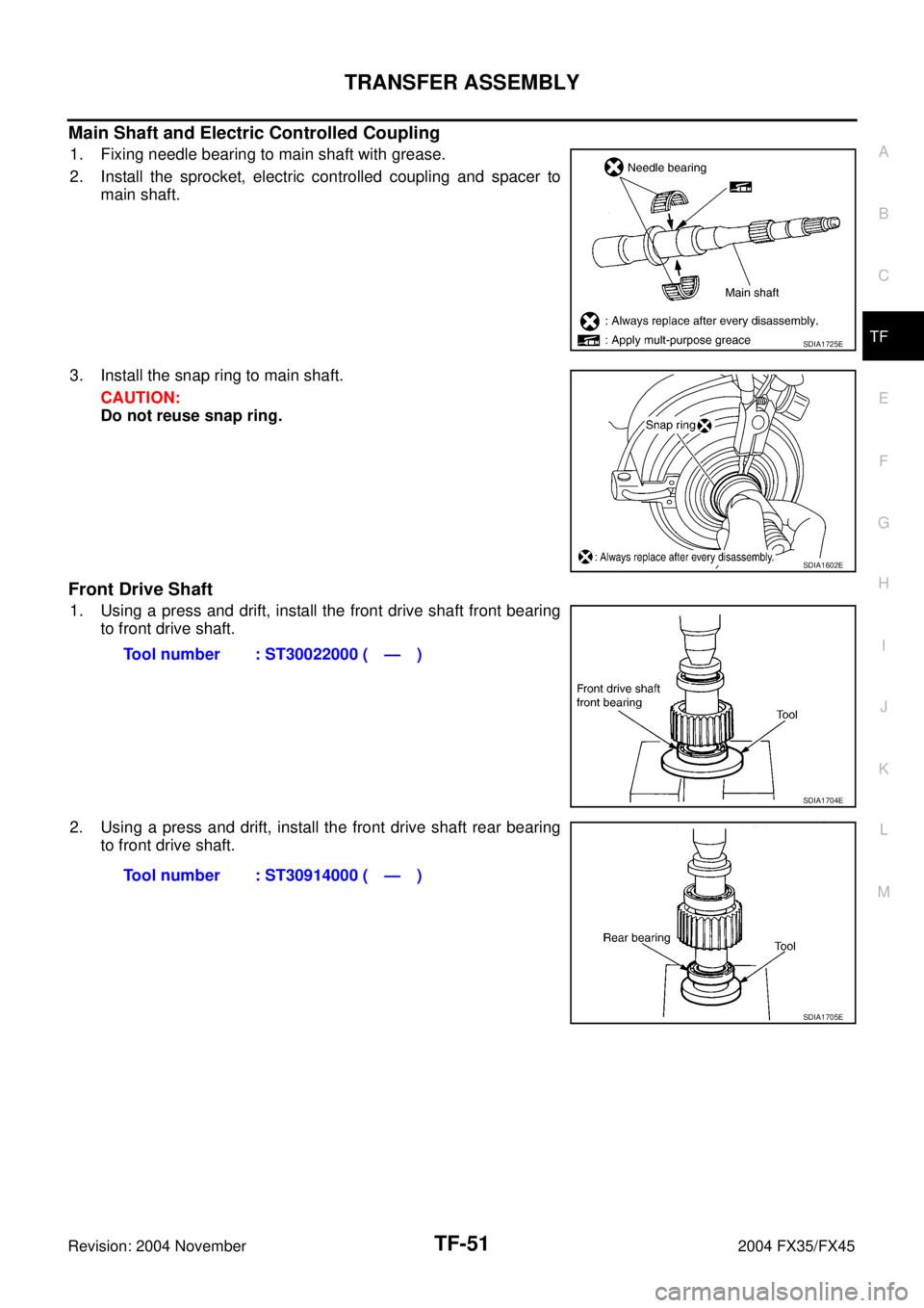 INFINITI FX35 2004  Service Manual TRANSFER ASSEMBLY
TF-51
C
E
F
G
H
I
J
K
L
MA
B
TF
Revision: 2004 November 2004 FX35/FX45
Main Shaft and Electric Controlled Coupling
1. Fixing needle bearing to main shaft with grease.
2. Install the 