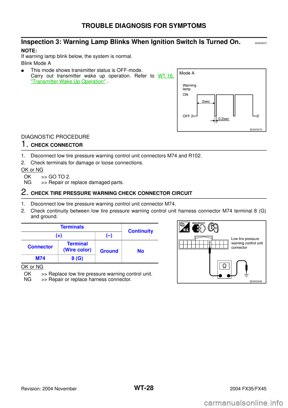 INFINITI FX35 2004 Service Manual WT-28
TROUBLE DIAGNOSIS FOR SYMPTOMS
Revision: 2004 November 2004 FX35/FX45
Inspection 3: Warning Lamp Blinks When Ignition Switch Is Turned On.AES000O7
NOTE:
If warning lamp blink below, the system i INFINITI FX35 2004 Service Manual WT-28
TROUBLE DIAGNOSIS FOR SYMPTOMS
Revision: 2004 November 2004 FX35/FX45
Inspection 3: Warning Lamp Blinks When Ignition Switch Is Turned On.AES000O7
NOTE:
If warning lamp blink below, the system i