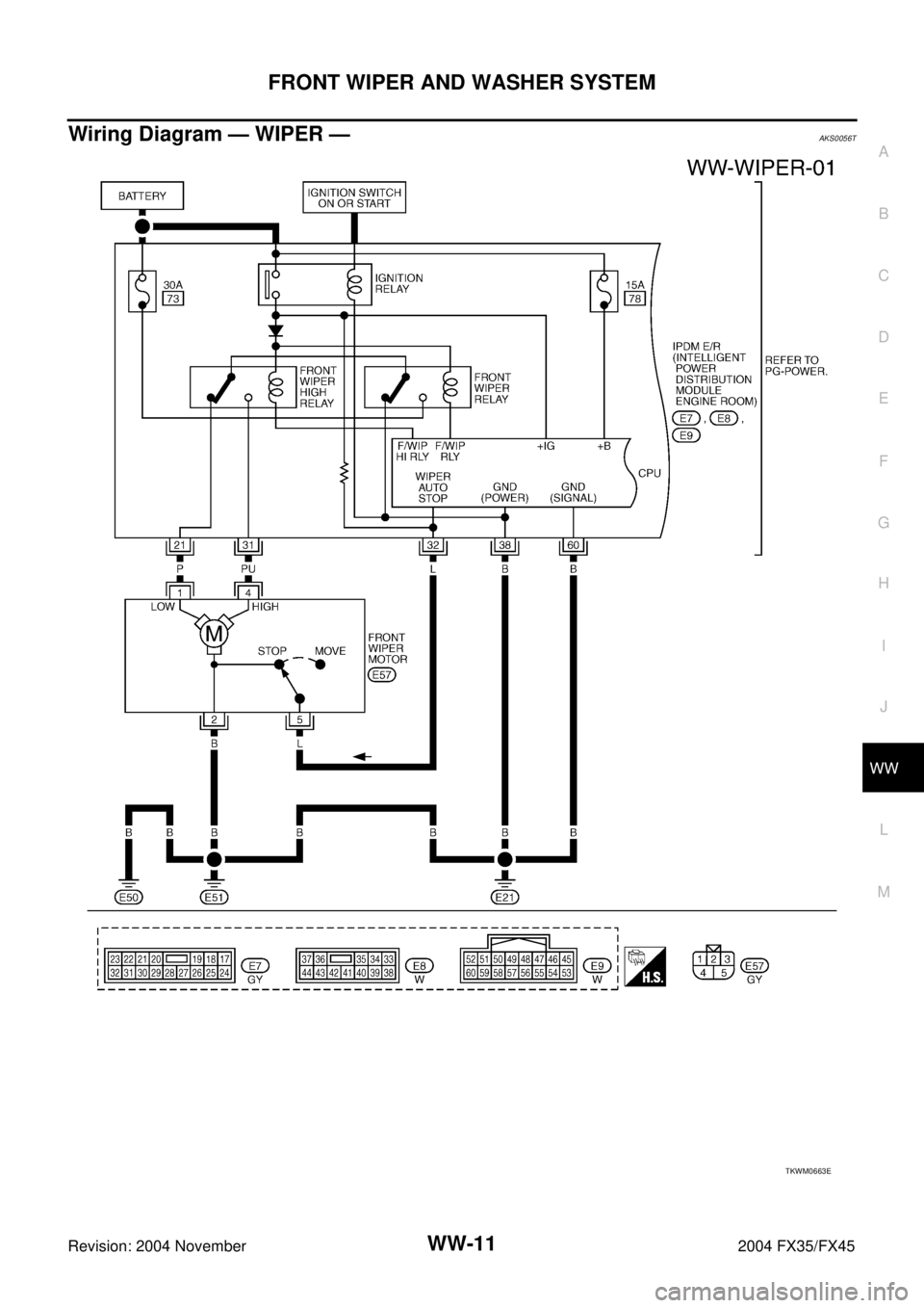 INFINITI FX35 2004  Service Manual FRONT WIPER AND WASHER SYSTEM
WW-11
C
D
E
F
G
H
I
J
L
MA
B
WW
Revision: 2004 November 2004 FX35/FX45
Wiring Diagram — WIPER —AKS0056T
TKWM0663E 