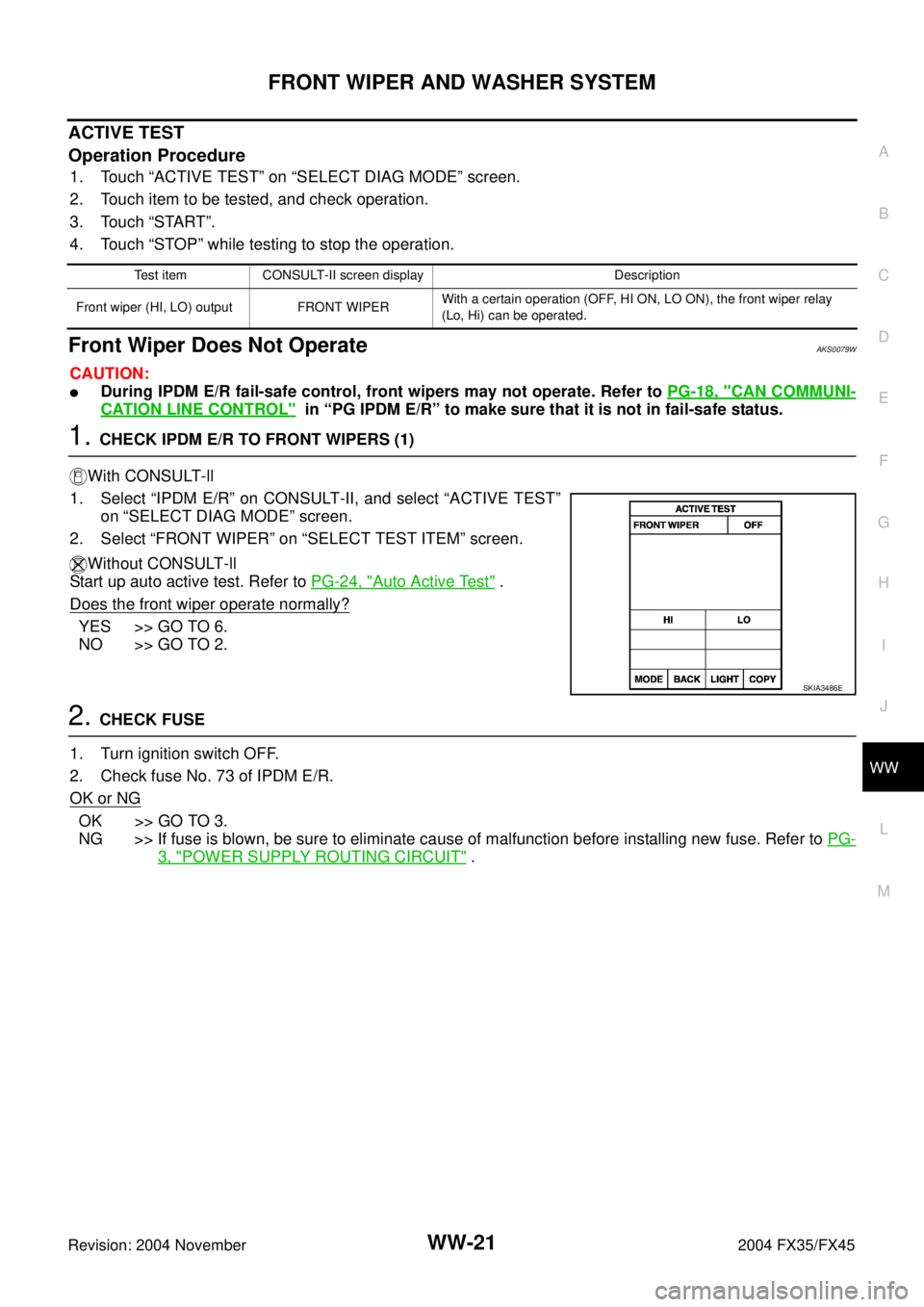 INFINITI FX35 2004  Service Manual FRONT WIPER AND WASHER SYSTEM
WW-21
C
D
E
F
G
H
I
J
L
MA
B
WW
Revision: 2004 November 2004 FX35/FX45
ACTIVE TEST
Operation Procedure
1. Touch “ACTIVE TEST” on “SELECT DIAG MODE” screen.
2. Tou