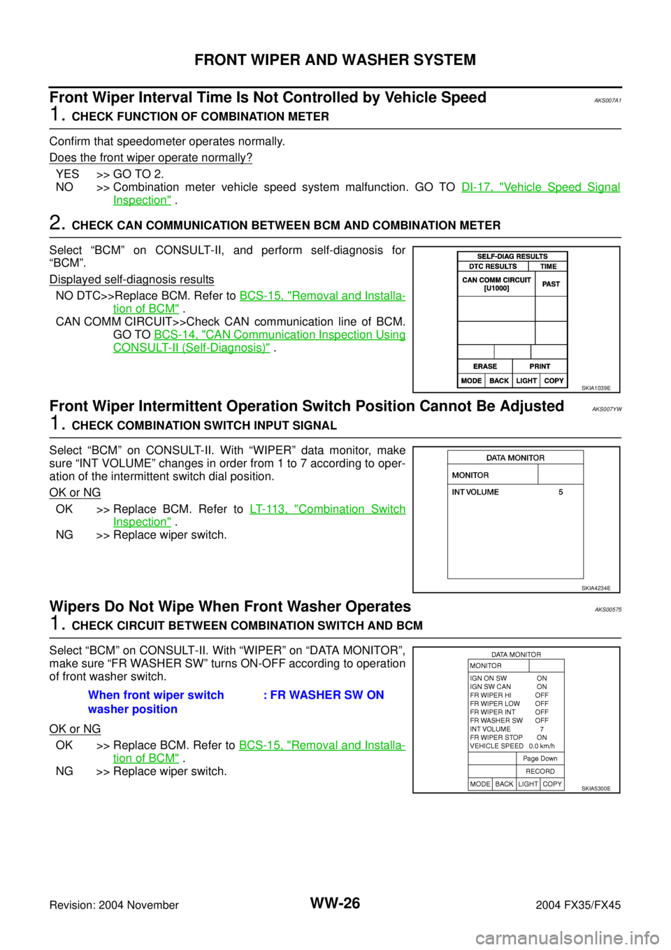 INFINITI FX35 2004  Service Manual WW-26
FRONT WIPER AND WASHER SYSTEM
Revision: 2004 November 2004 FX35/FX45
Front Wiper Interval Time Is Not Controlled by Vehicle SpeedAKS007A1
1. CHECK FUNCTION OF COMBINATION METER
Confirm that spee