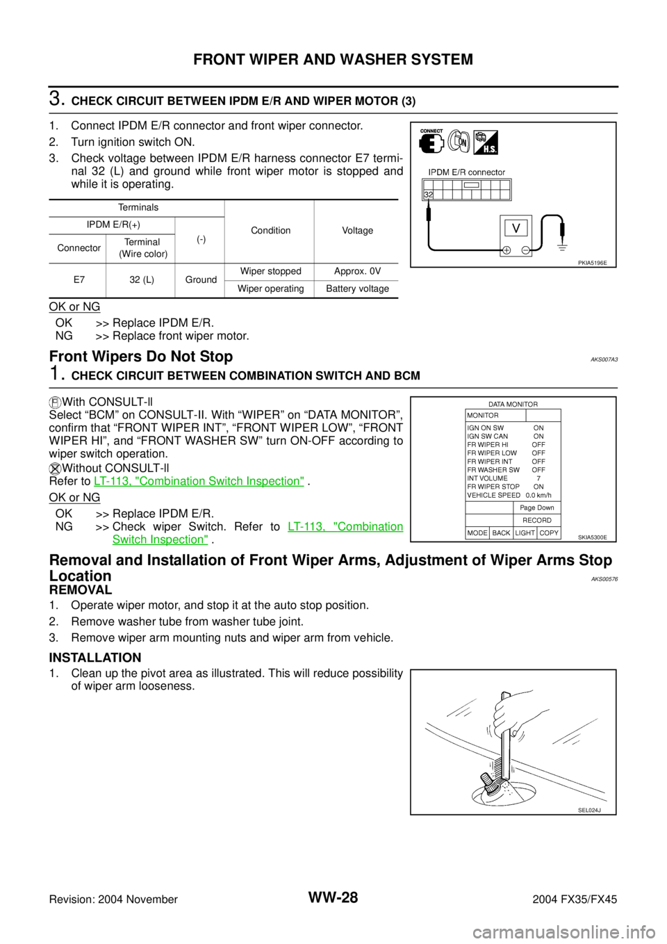 INFINITI FX35 2004  Service Manual WW-28
FRONT WIPER AND WASHER SYSTEM
Revision: 2004 November 2004 FX35/FX45
3. CHECK CIRCUIT BETWEEN IPDM E/R AND WIPER MOTOR (3)
1. Connect IPDM E/R connector and front wiper connector.
2. Turn igniti