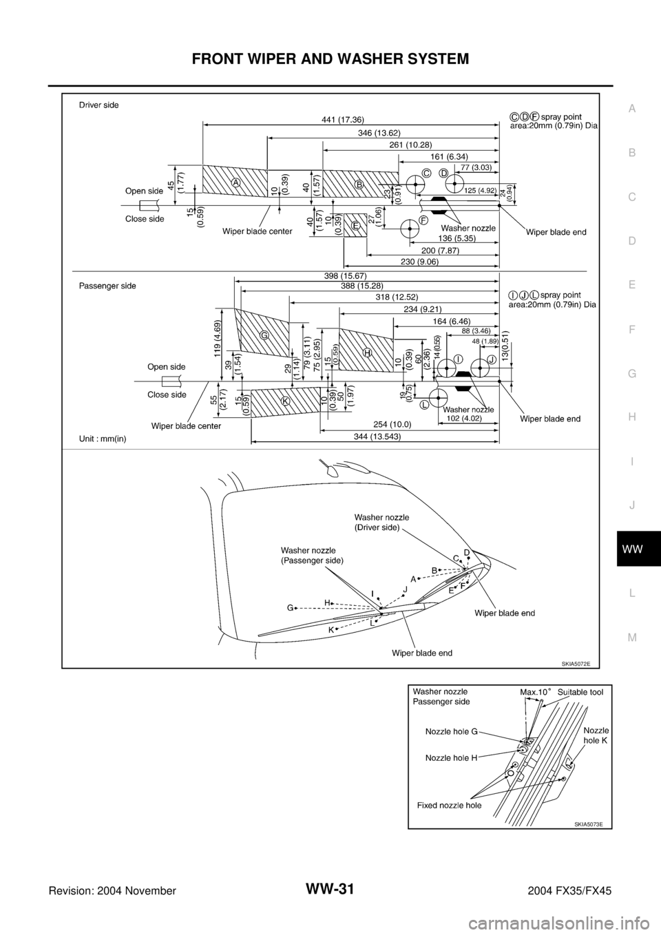 INFINITI FX35 2004  Service Manual FRONT WIPER AND WASHER SYSTEM
WW-31
C
D
E
F
G
H
I
J
L
MA
B
WW
Revision: 2004 November 2004 FX35/FX45
SKIA5072E
SKIA5073E 