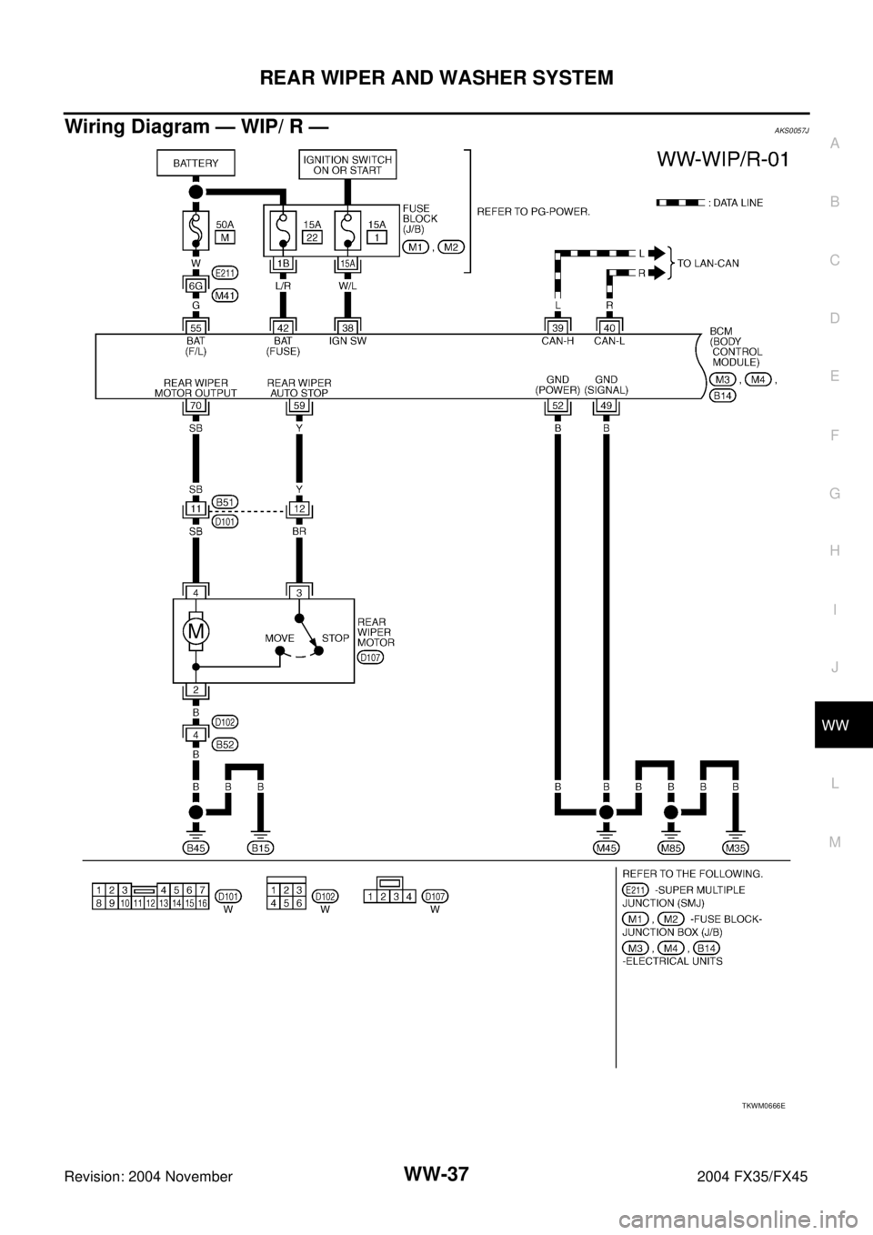 INFINITI FX35 2004  Service Manual REAR WIPER AND WASHER SYSTEM
WW-37
C
D
E
F
G
H
I
J
L
MA
B
WW
Revision: 2004 November 2004 FX35/FX45
Wiring Diagram — WIP/ R —AKS0057J
TKWM0666E 