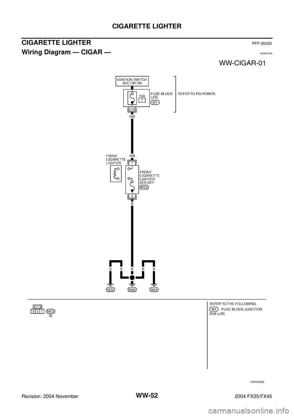 INFINITI FX35 2004  Service Manual WW-52
CIGARETTE LIGHTER
Revision: 2004 November 2004 FX35/FX45
CIGARETTE LIGHTERPFP:35330
Wiring Diagram — CIGAR —AKS007AA
TKWM0668E 